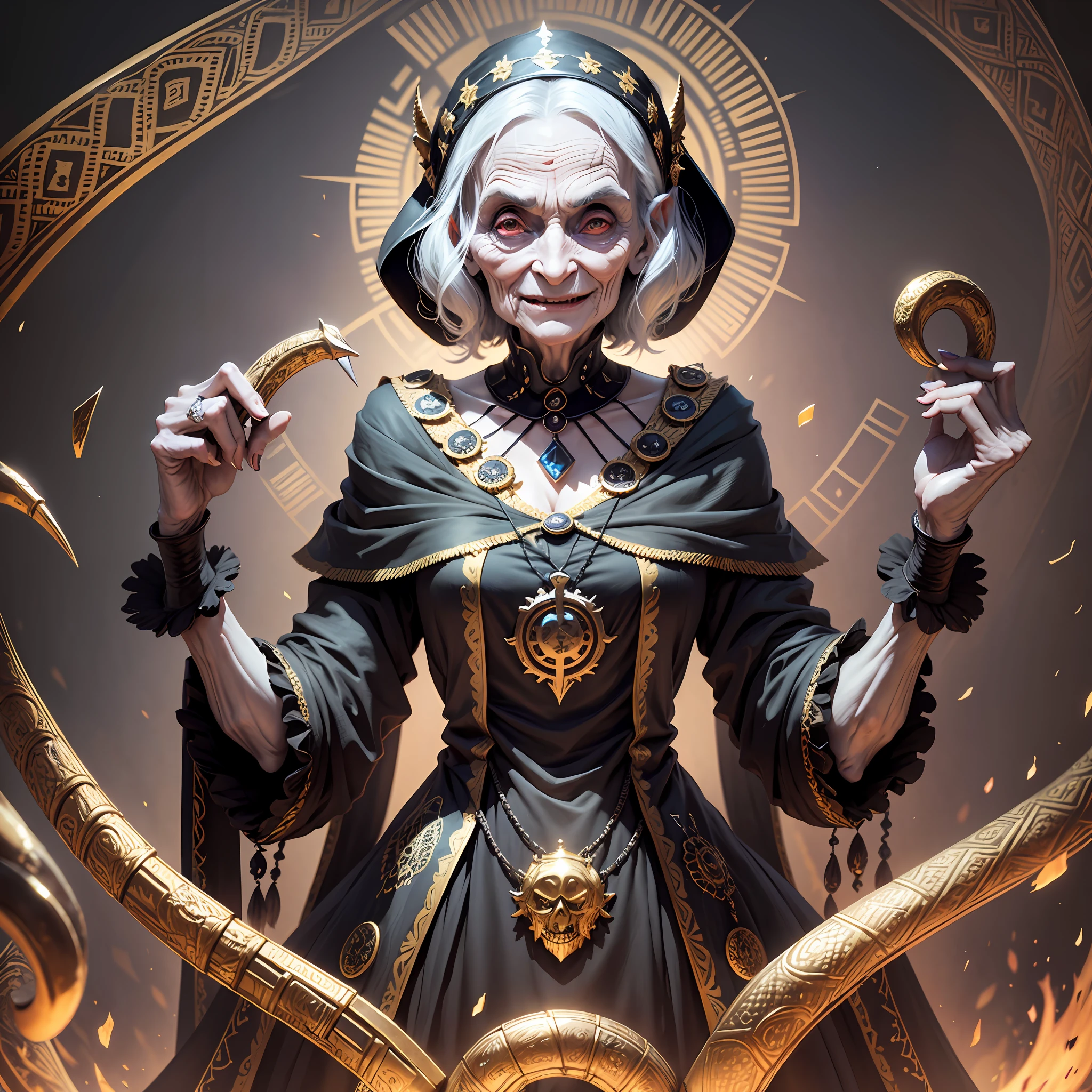 A very greedy 100-year-old old woman, cadaverous face, very thin face, evil smile, evil hair, short hair, being thin, with black clothing and gold details, holding serpent, standing in the middle of a treasure. The illustration is a high-definition illustration in 4K resolution with highly detailed facial features and cartoon-style visuals. --auto --s2