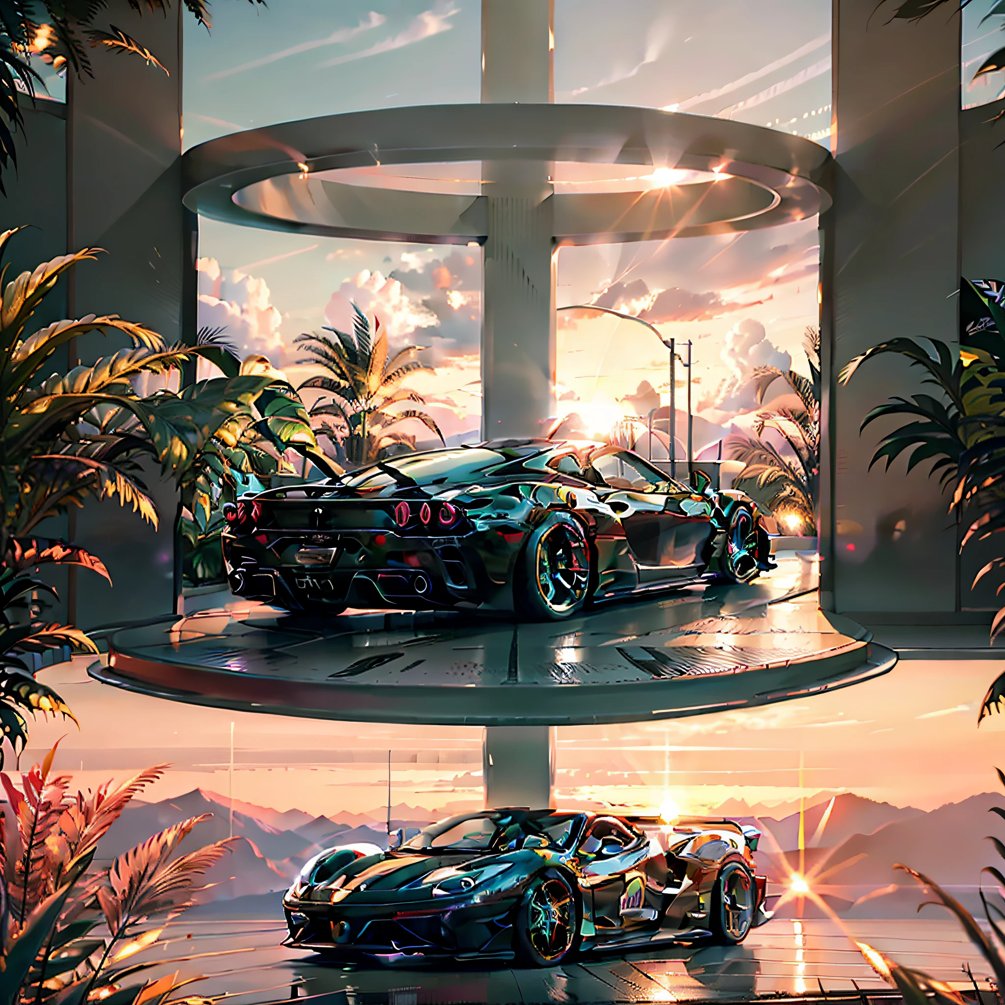 Black, ultra realistic Ferrari heading towards sunset