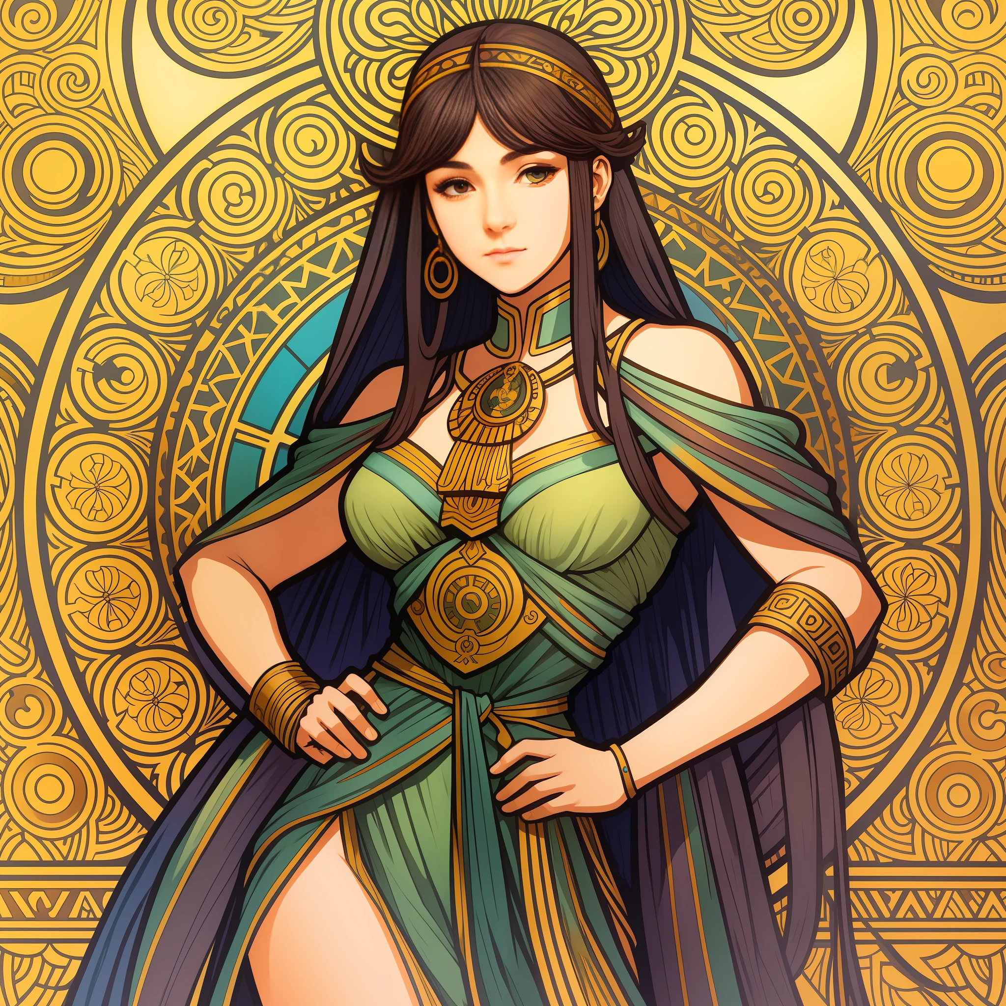 Full body portrait of a female character in CCDHT artstyle by Alphonse Mucha