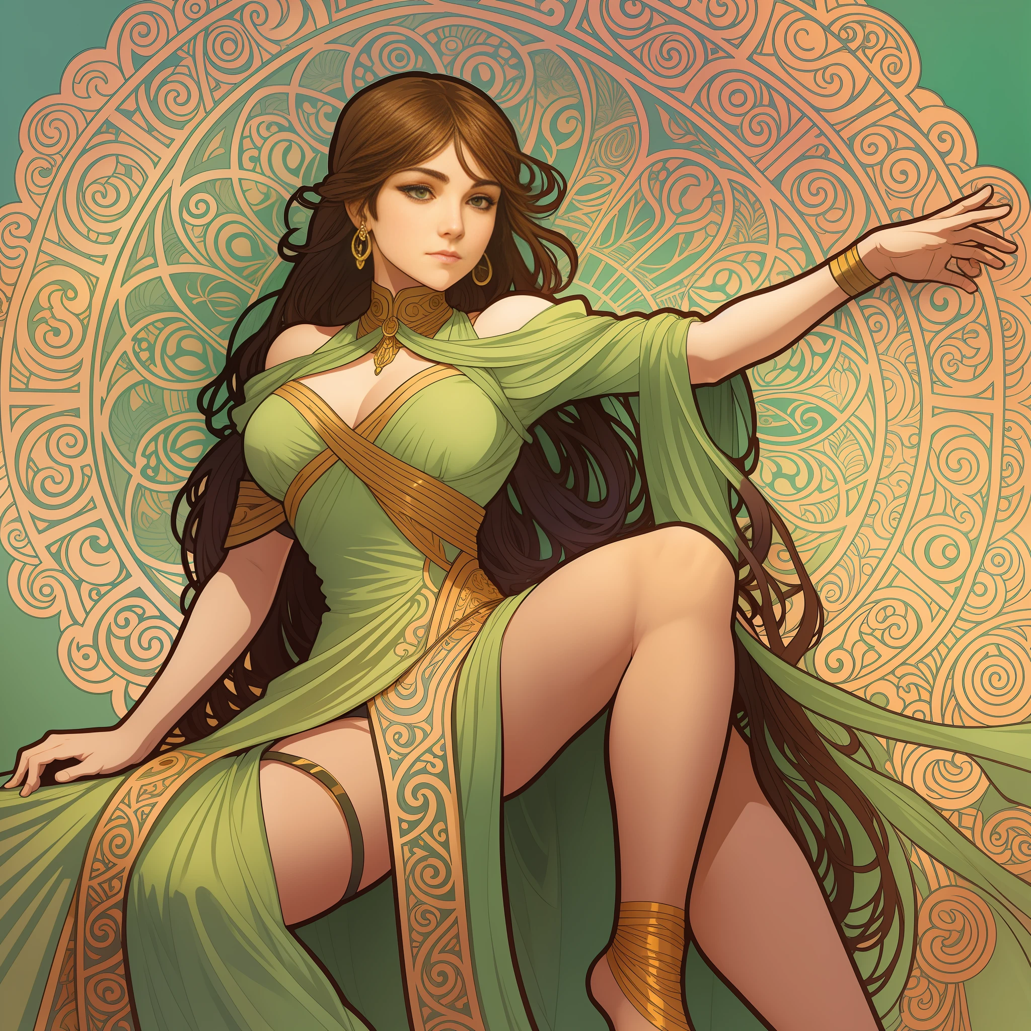 Full body portrait of a female character in CCDHT artstyle by Alphonse Mucha
