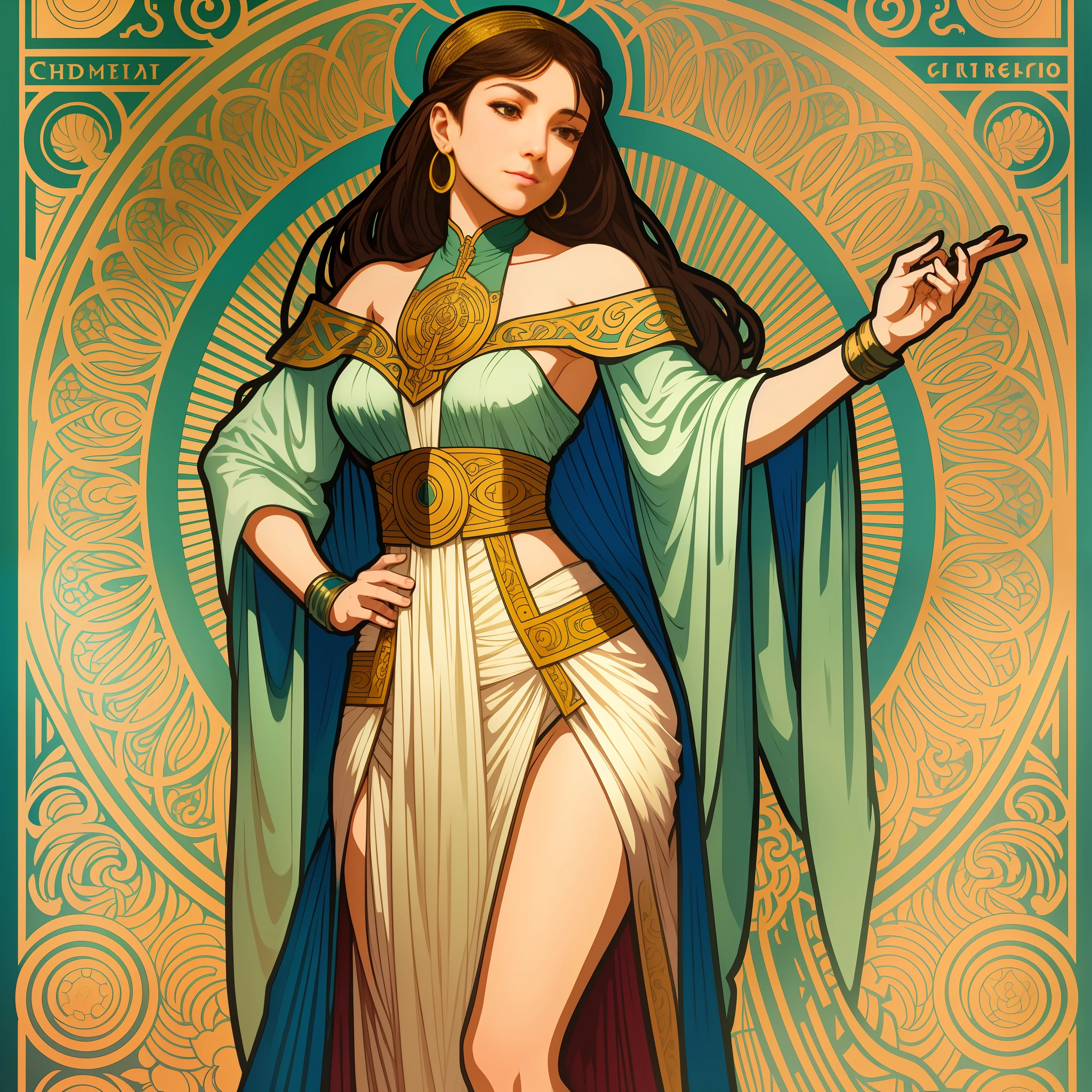 Full body  portrait of a female  character in CCDHT artstyle by Alphonse Mucha