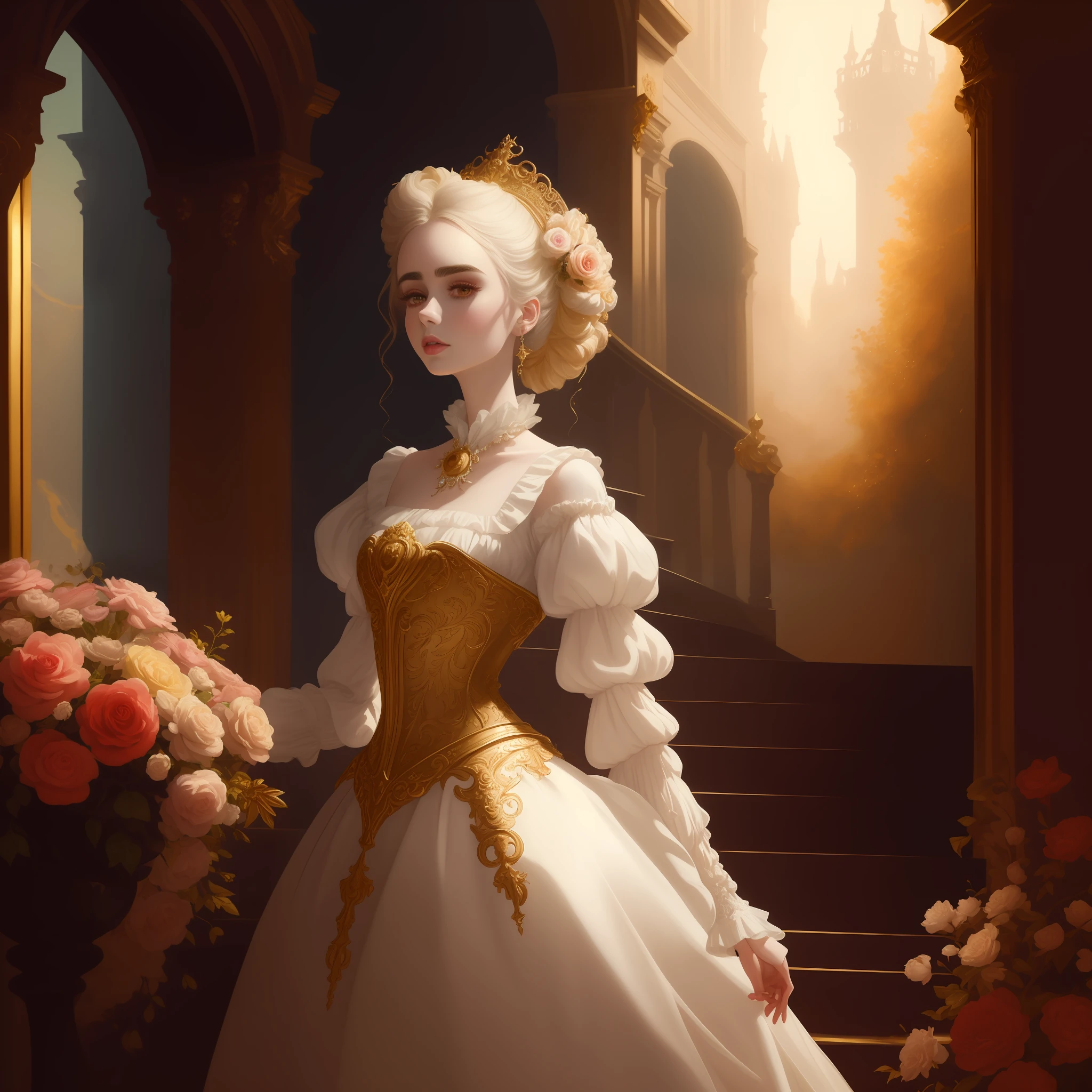 a painting by Lily Collins in a white dress standing in front of a staircase, Victorian art fantasy, elegant digital painting, baroque digital painting, beautiful character painting, romanticism art style, beautiful uhd art 4k, rococo queen, Alexandra fomina artstation, Rococo style portrait, fantasy portrait portrait, beautiful fantasy art portrait, charlie bowater rich deep colors