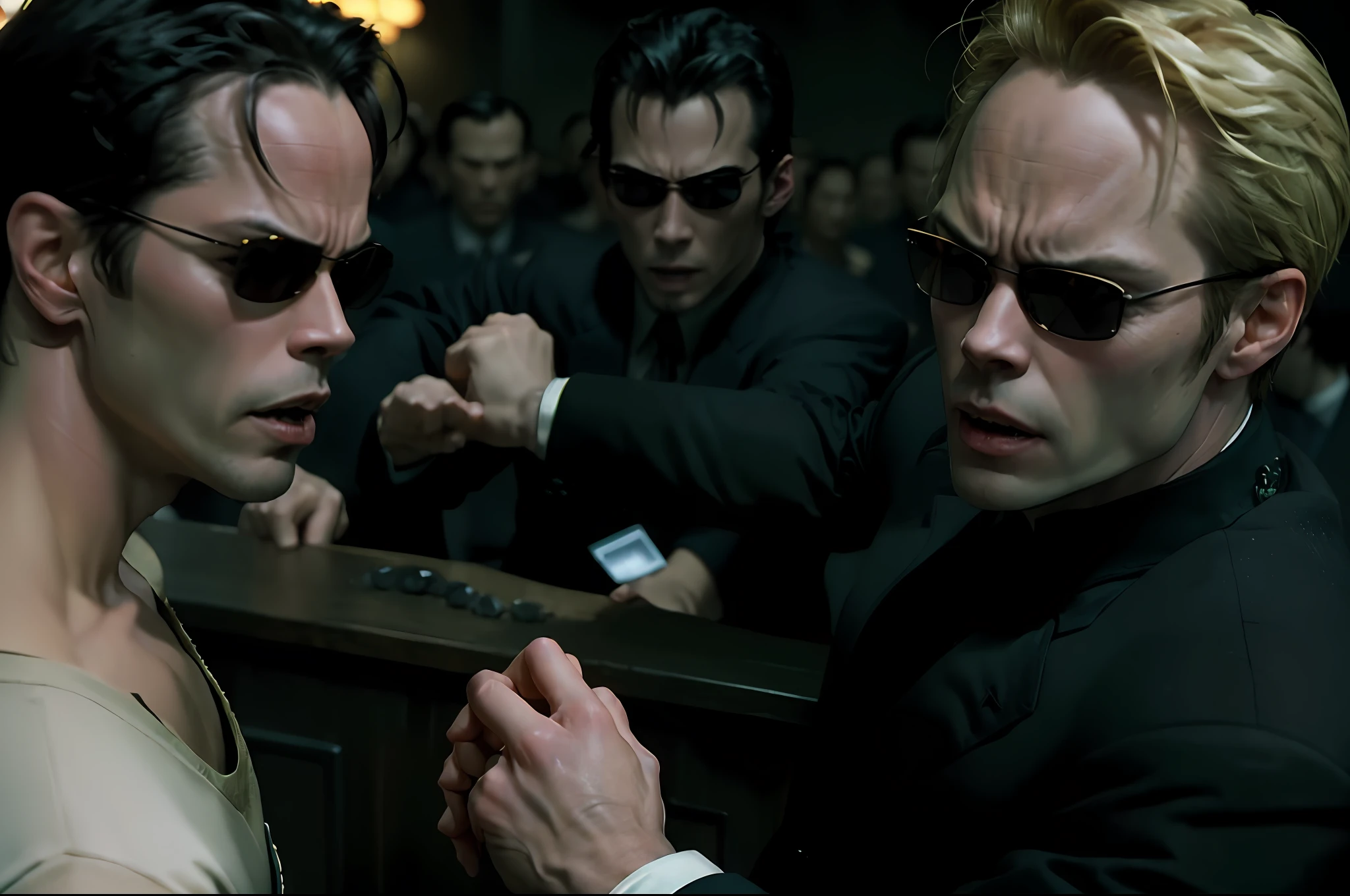 (((kung fu))) ,((best quality)), ((masterpiece)), (detailed), (((suit))) fan art of evil man, there are two people fist fighting, evil looking blond GUY PEARCE face, blond GUY PEARCE in a suit with square sunglasses close up, blond GUY PEARCE in a suit angry, blond GUY PEARCE in a suit with squared sunglasses, square sunglasses, the matrix (1999), square sunglasses, night, 80mm, ((western animation)), (neo the matrix (1999)), (short hair), ((combat)), (((kung fu)))