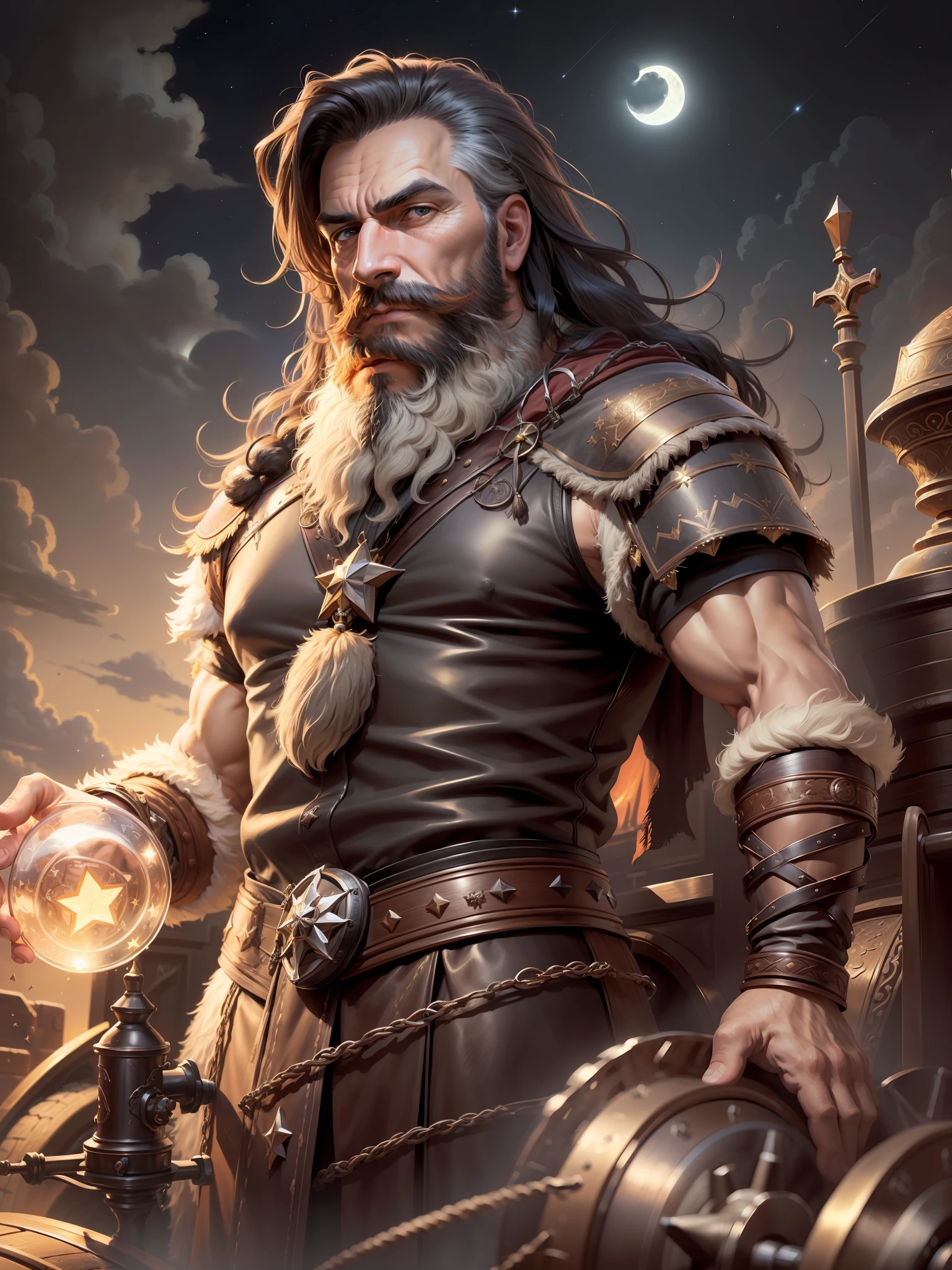 (mature man:1.3), soil, beard, stern look, (dark chariot:1.1), man drives a chariot with black horses, moon and stars in the background, ((masterpiece)), (high quality), (detailed), perfect night lighting, detailed face, detailed body