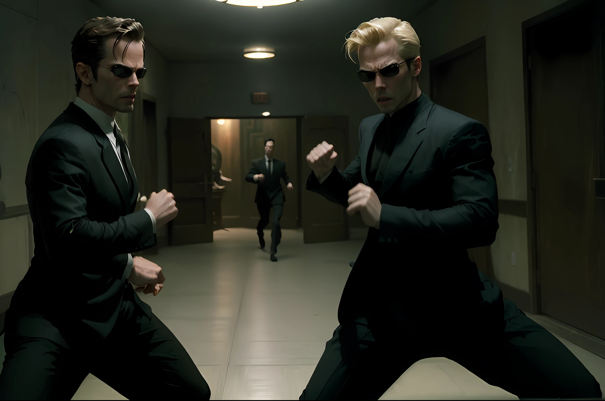 (((kung fu))) ,((best quality)), ((masterpiece)), (detailed), (((suit))) fan art of evil man, there are two people fist fighting, evil looking blond GUY PEARCE face, blond GUY PEARCE in a suit with square sunglasses close up, blond GUY PEARCE in a suit angry, blond GUY PEARCE in a suit with squared sunglasses, square sunglasses, the matrix (1999), square sunglasses, night, 80mm, ((western animation)), (neo the matrix (1999)), (short hair), ((combat)), (((kung fu)))