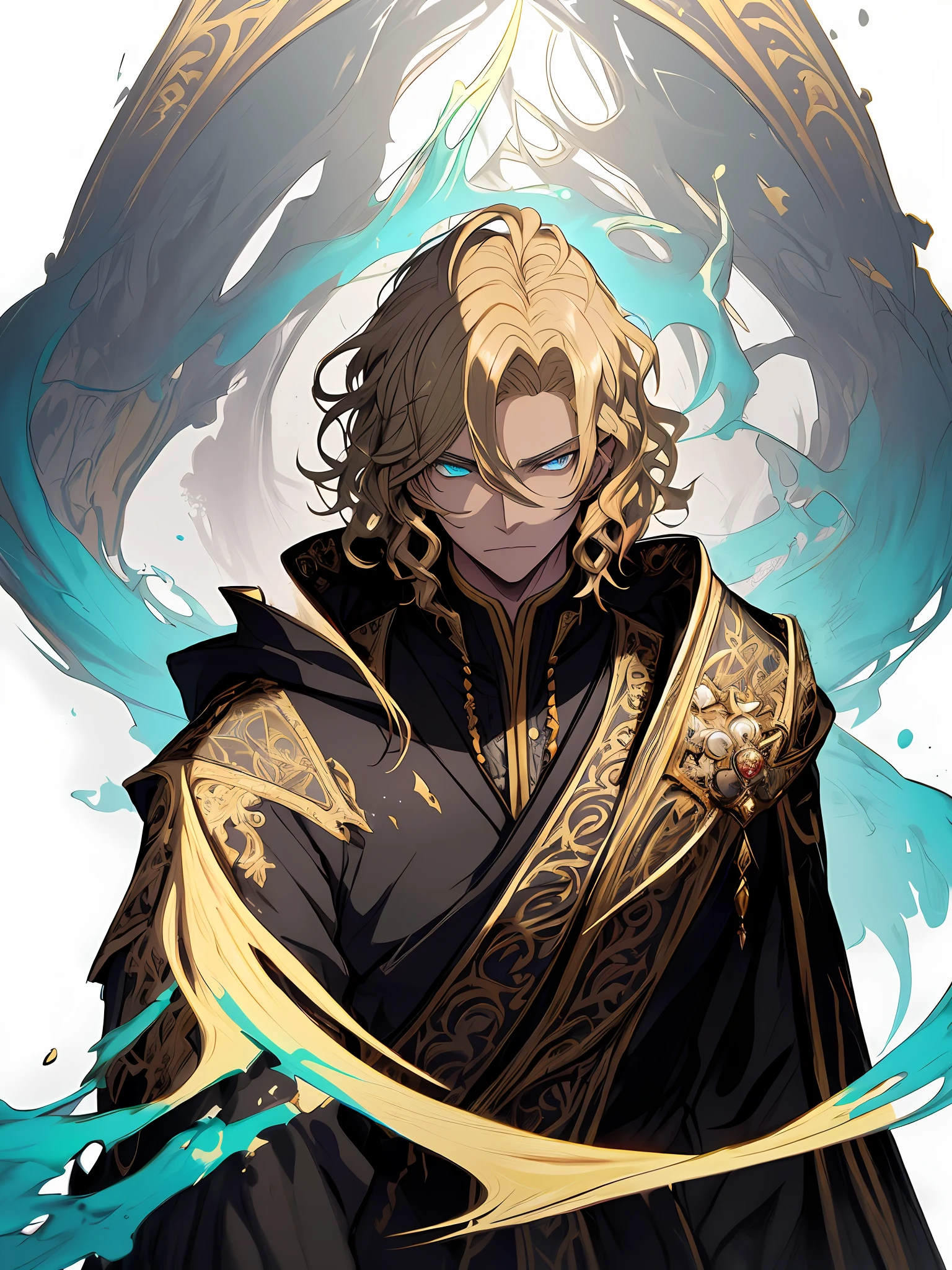An image of noble prince, clean design, epic instagram, artstation, colorful paint splatter, silhouette, hyper detailed intricate details, unreal engine, fantasy, intricate details, splash screen, complementary colors, Fantasy concept art, 8k resolution, deviantart masterpiece, oil painting, heavy strokes, paint dripping, (isolated on white background: 1.3), rainbow skin, (((handsome young man))), ((age:1.5) ), (glowing blue eyes), ((light eyes)), ((((short wavy blonde hair: 1.1))), ((black robe)), (prince\\(indifferent expression\\),, ( ((Wears high detail luxurious regal attire))), white hair, (chest) --v 6