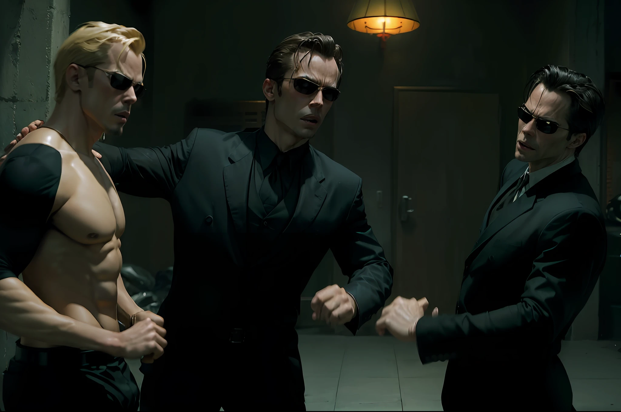 (((kung fu))) ,((best quality)), ((masterpiece)), (detailed), (((suit))) fan art of evil man, there are two people fist fighting, evil looking blond GUY PEARCE face, blond GUY PEARCE in a suit with square sunglasses close up, blond GUY PEARCE in a suit angry, blond GUY PEARCE in a suit with squared sunglasses, square sunglasses, the matrix (1999), square sunglasses, night, 80mm, ((western animation)), (neo the matrix (1999)), (short hair), ((combat)), (((kung fu)))