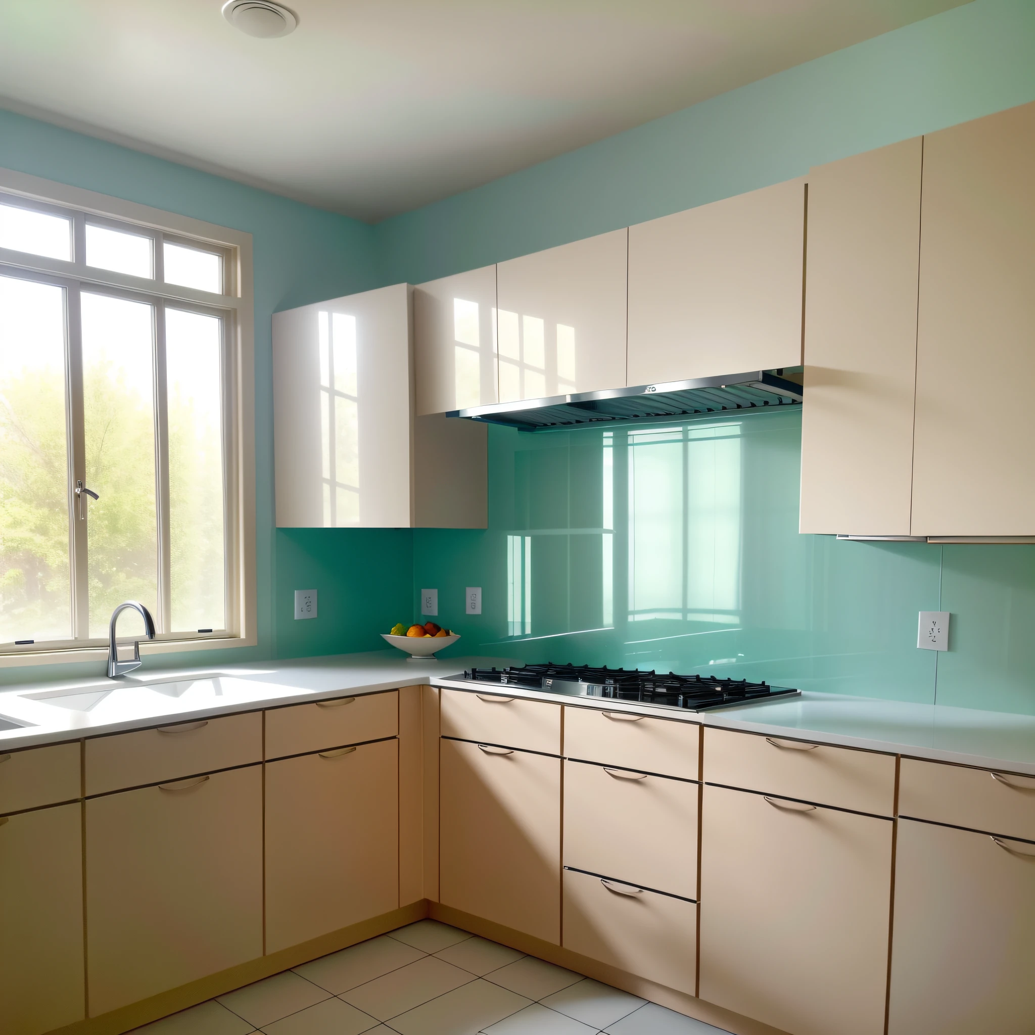 The kitchen has ample natural lighting, thanks to floor-to-ceiling windows that allow sunlight to enter and illuminate the entire space. The cabinets are elegant and minimalist, made of light wood with a matte finish, providing a contemporary touch. The cabinet doors have smooth and quiet opening, and each shelf is adjustable to accommodate different sizes of utensils and ingredients.
The countertop is made of solid stone, with a smooth, stain-resistant surface. There's a built-in stainless steel sink, with a sleek design faucet and touchless functionality, allowing you to turn on the water with a simple flick of your hands.
The wall next to the countertop is lined with a beautiful backsplash of bright glass tiles, in shades of blue and green, providing a vibrant contrast to the light cabinets. A modern hood is suspended above the stove, with a powerful and silent ventilation system, ensuring that odors and smoke are eliminated quickly.
In the center of the kitchen, there is a spacious island with a built-in induction cooktop, offering an efficient and easy-to-clean cooking surface. The island also features a breakfast countertop on one side, with high leather-upholstered benches where you can enjoy quick meals or interact with your guests while cooking.
The stainless steel refrigerator is modern and spacious, with French doors and a freezer drawer at the bottom. It features advanced cooling technology, humidity control, and a touchscreen control panel to adjust settings with ease.
Next to the refrigerator is a built-in wall-mounted oven and a modern silent dishwasher, both finished in stainless steel, which integrate seamlessly into the cabinets. There's also a built-in microwave drawer, ensuring you have all the necessary appliances at your fingertips.
The kitchen lighting is adjustable, with built-in lamps in the