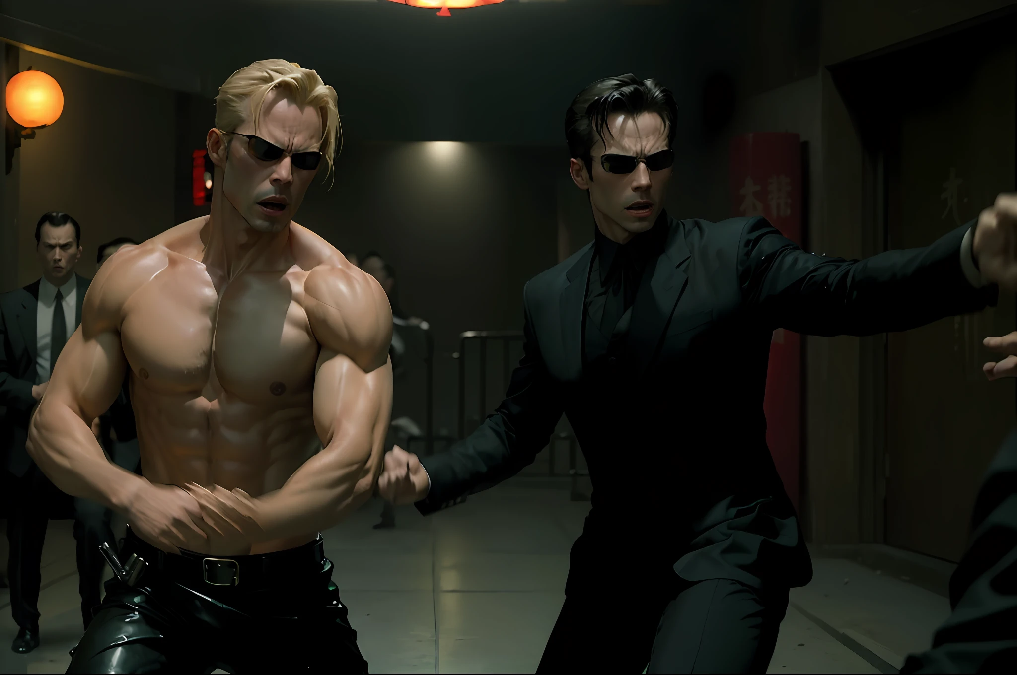 (((kung fu))) ,((best quality)), ((masterpiece)), (detailed), (((suit))) fan art of evil man, there are two people fist fighting, evil looking blond GUY PEARCE face, blond GUY PEARCE in a suit with square sunglasses close up, blond GUY PEARCE in a suit angry, blond GUY PEARCE in a suit with squared sunglasses, square sunglasses, the matrix (1999), square sunglasses, night, 80mm, ((western animation)), (neo the matrix (1999)), (short hair), ((combat)), (((kung fu)))