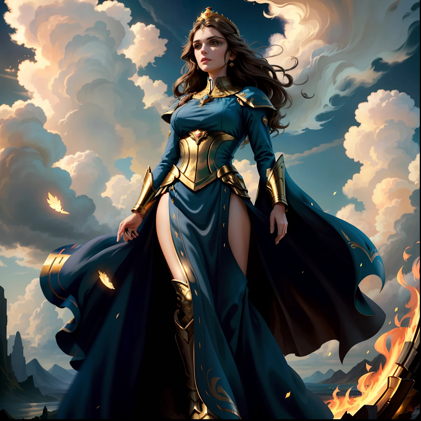 Best quality, masterpiece, expressionless, ultra high res, detailed background, realistic, 1man,, clouds, winds, royal shadow and light, imperial goddess woman, powerful with golden powers, floating crown on head, perfect female face, perfect lips, perfect hair, dark brown straight hair, brown eyes, female body, ((perfect woman)), imperial clothing, woman goddess, (immensely detailed: 1.5) 8K (full body)
