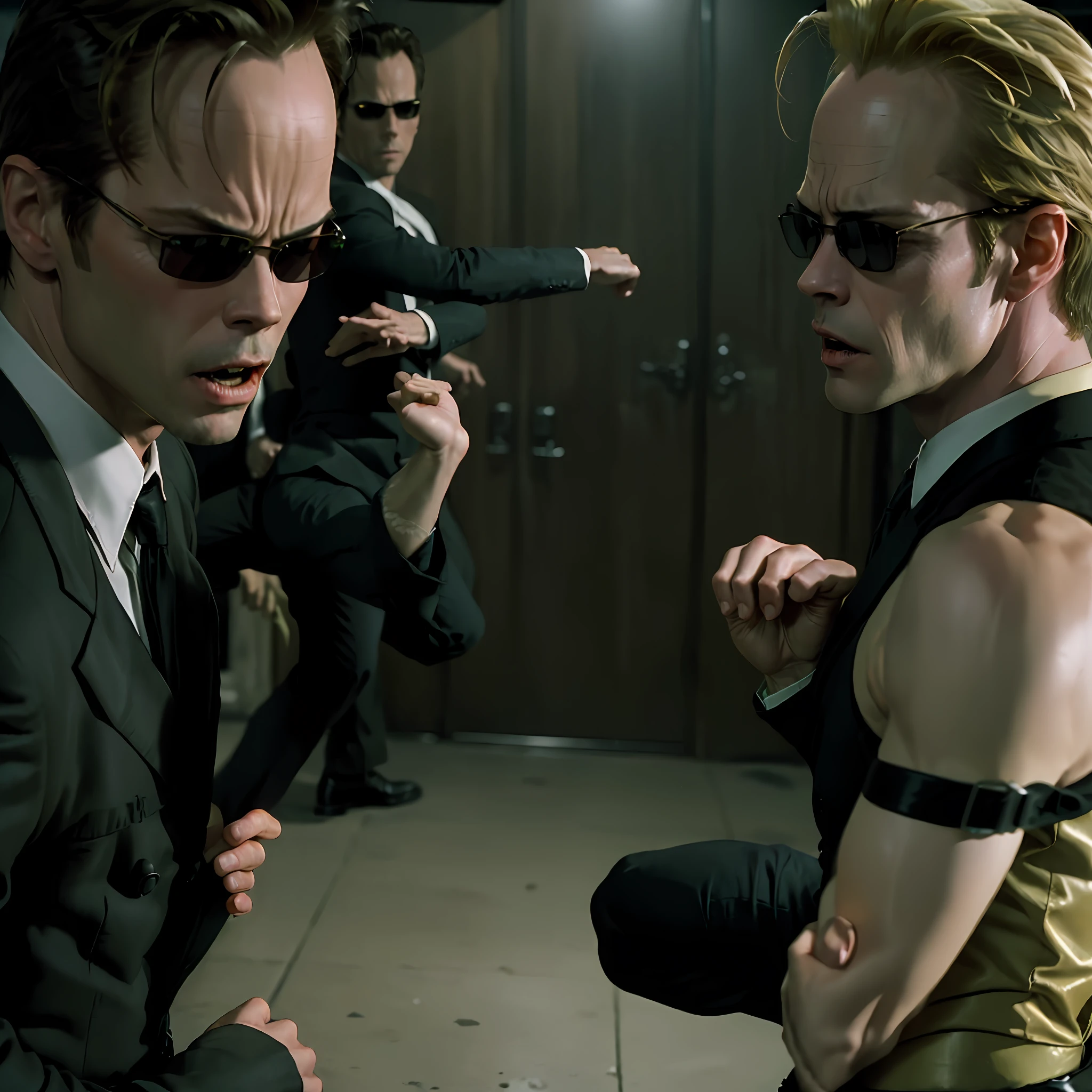 (((kung fu))) ,((best quality)), ((masterpiece)), (detailed), (((suit))) fan art of evil man, there are two people fist fighting, evil looking blond GUY PEARCE face, blond GUY PEARCE in a suit with square sunglasses close up, blond GUY PEARCE in a suit angry, blond GUY PEARCE in a suit with squared sunglasses, square sunglasses, the matrix (1999), square sunglasses, night, 80mm, ((western animation)), (neo the matrix (1999)), (short hair), ((combat)), (((kung fu)))