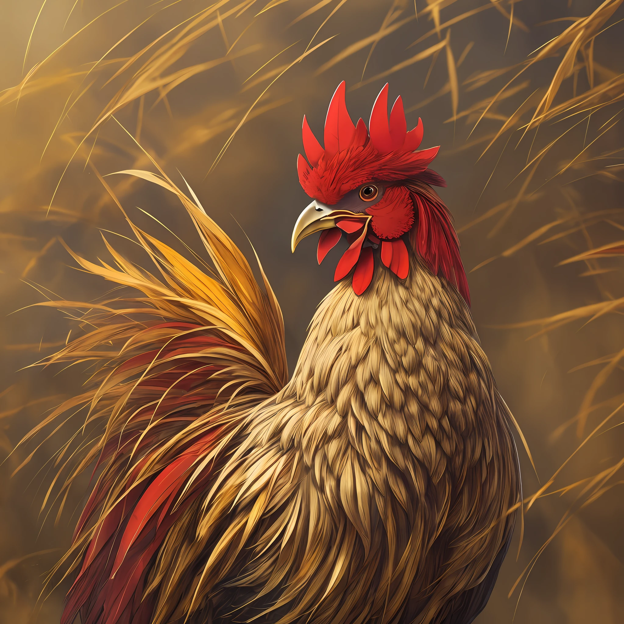 "Create an image of a rooster with golden and red feathers, displaying its long, majestic tail in a farmyard while looking into the camera with a defiant gaze." --auto --s2