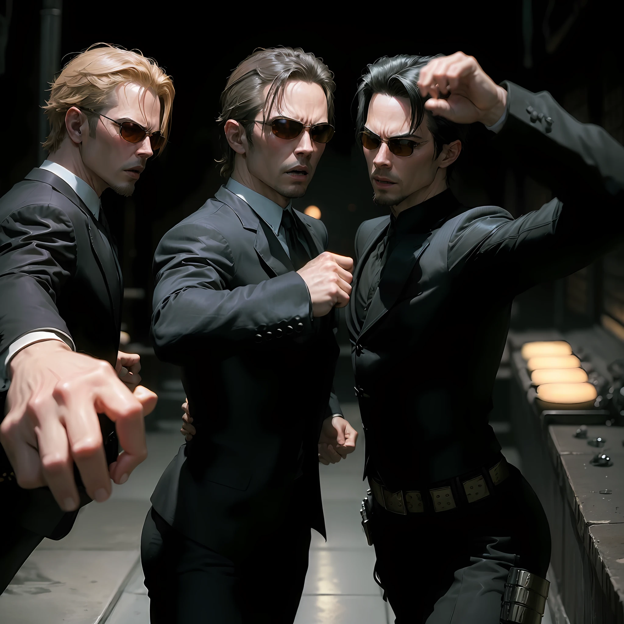 (((kung fu))) ,((best quality)), ((masterpiece)), (detailed), (((suit))) fan art of evil man, there are two people fist fighting, evil looking blond GUY PEARCE face, blond GUY PEARCE in a suit with square sunglasses close up, blond GUY PEARCE in a suit angry, blond GUY PEARCE in a suit with squared sunglasses, square sunglasses, the matrix (1999), square sunglasses, night, 80mm, ((western animation)), (neo the matrix (1999)), (short hair), ((combat)), (((kung fu)))