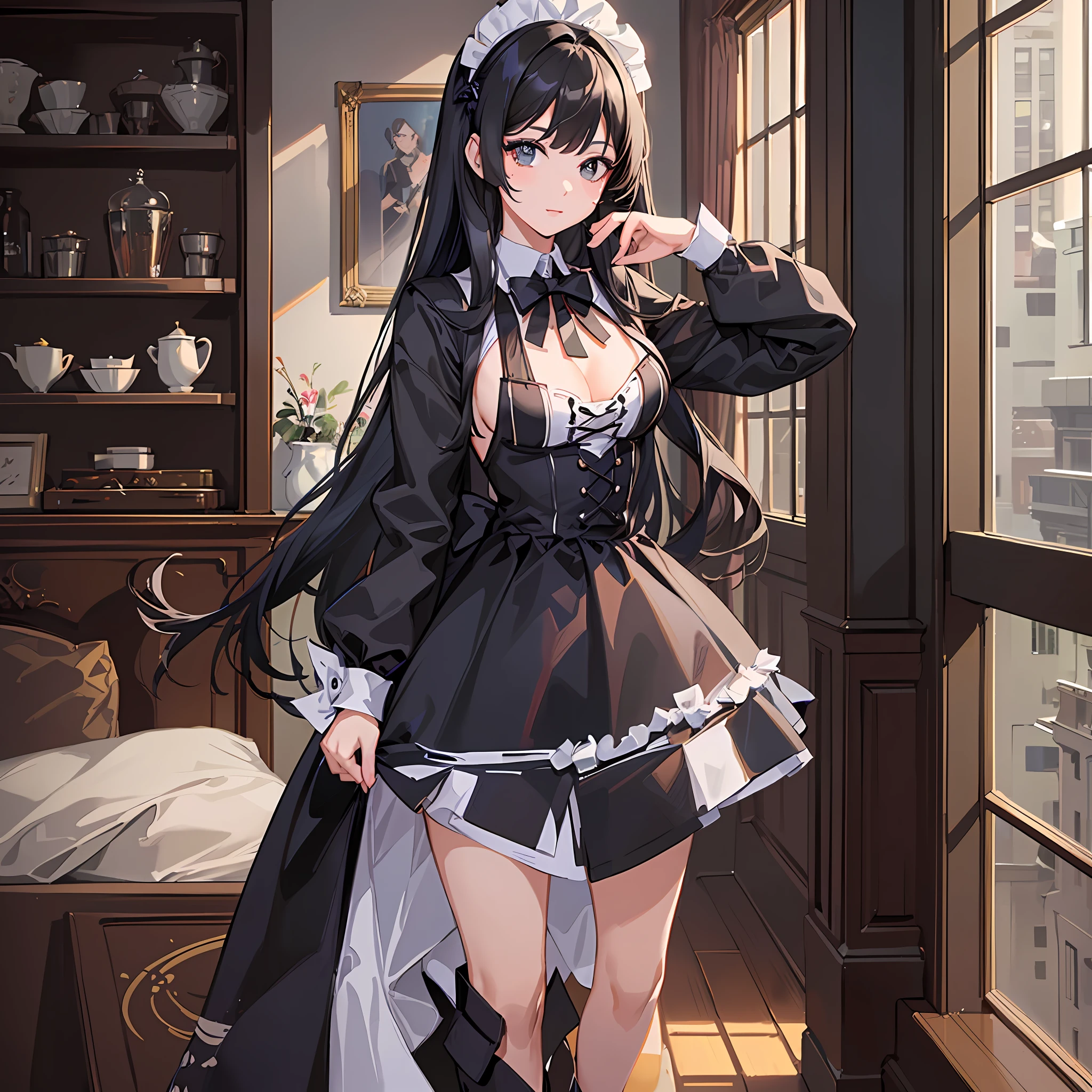 (woman:1.2, hot maid:1.3, pretty:1.1, anime:1.05, maid costume, black hair:1.1, long hair, black eye, best quality, ultra details, super realistic, 8k, full body:1.2, indoors, hd)