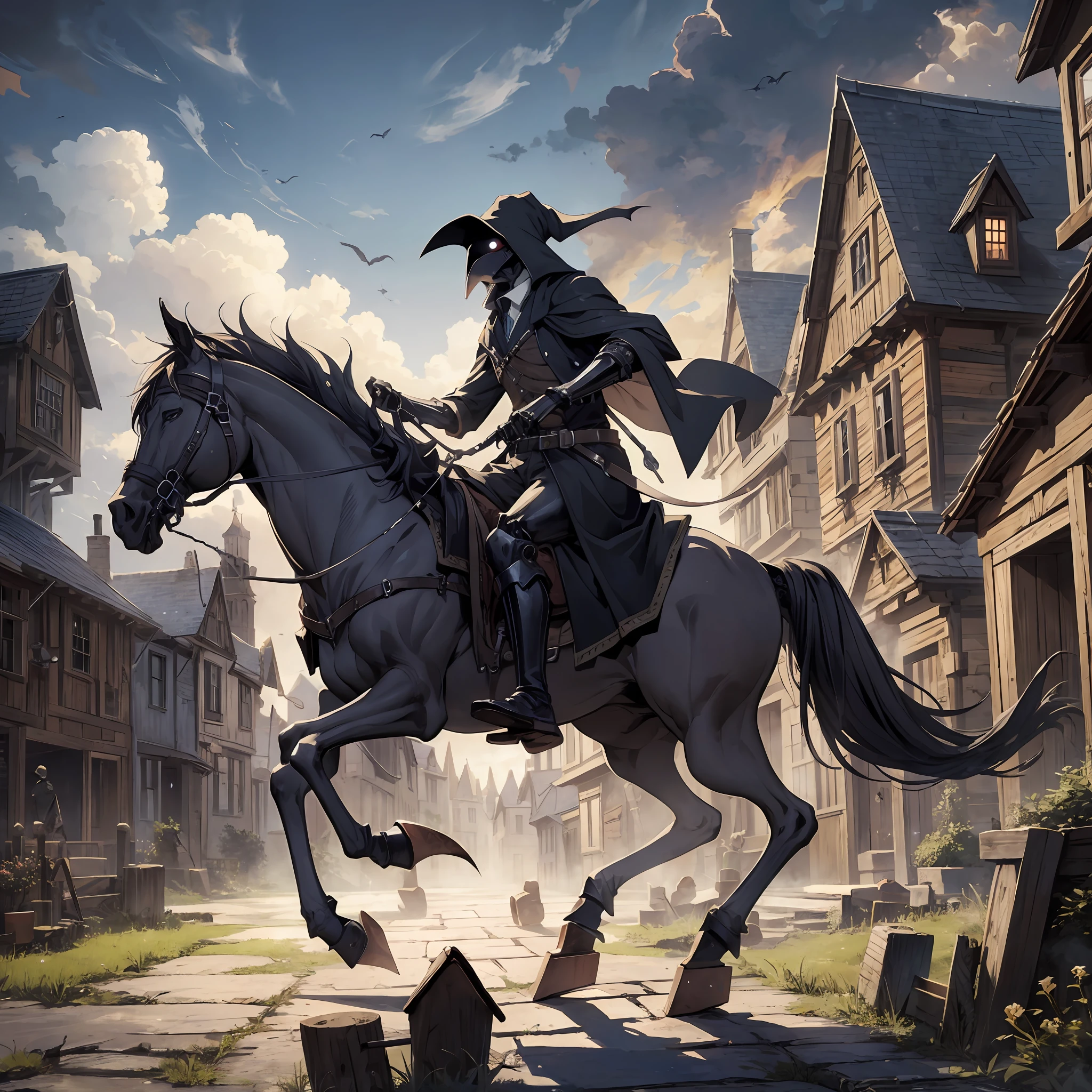 Plague Doctor Riding a Skeleton Horse in a haunted village, Realistic, Full HD, Best Quality --auto --s2