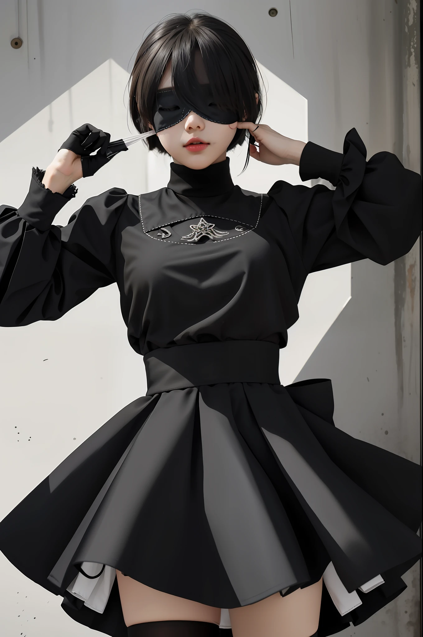 Masterpiece, Best Quality, 1 Girl, Solo, Yoha 2 Type B, Black Blindfold, Blindfold, Skirt, Black Skirt, Sai Hai