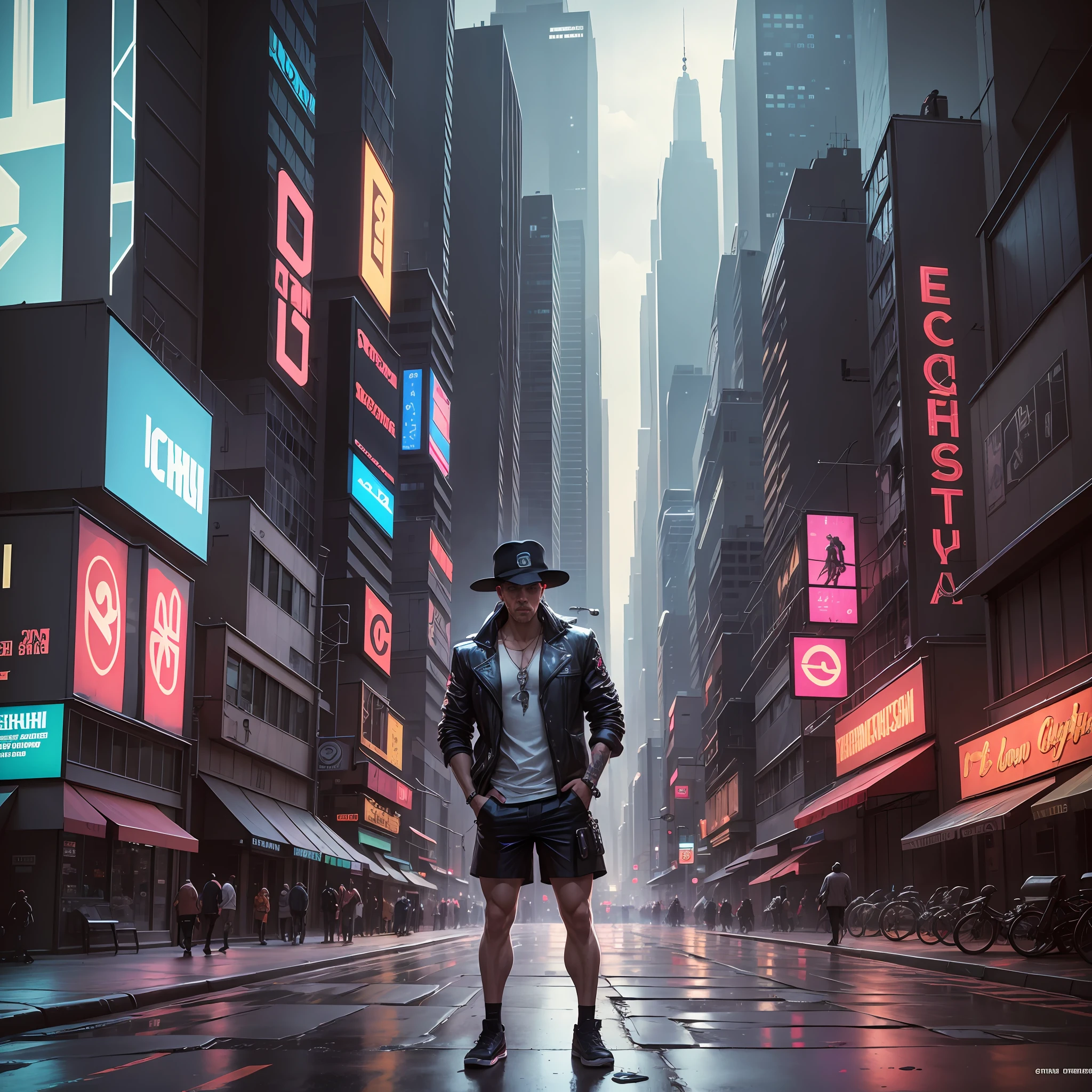 there's a man in shorts and hat standing on the street with a very cyberpunk style city, in town, inspired by Arik Brauer, inspired by James Gurney, streets of New York, technoviking man shirtless, inspired by Bruce Gilden, urban in the background, photo manipulation, standing on a city street, lucas graziano, in a cyberpunk city, 8k image --auto --s2