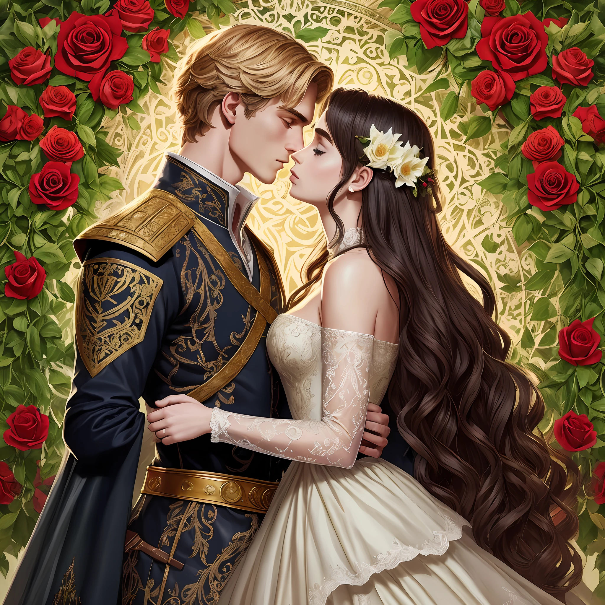 Couple a man and a woman Neels Visser is a prince who has golden blonde hair, wears a medieval military outfit and is in love with the commoner Lily Collins, who has curly dark black hair and wears a red dress, they kiss very affectionately, illustration of a romance book cover with a detailed background, smooth, bright full of ivy-covered flowers and red roses, ornate dress standing on a bed of roses, rim light, dynamic lighting, ethereal lighting, ultra detail, concept art, elegant, surreal, art by Lisa Aisato