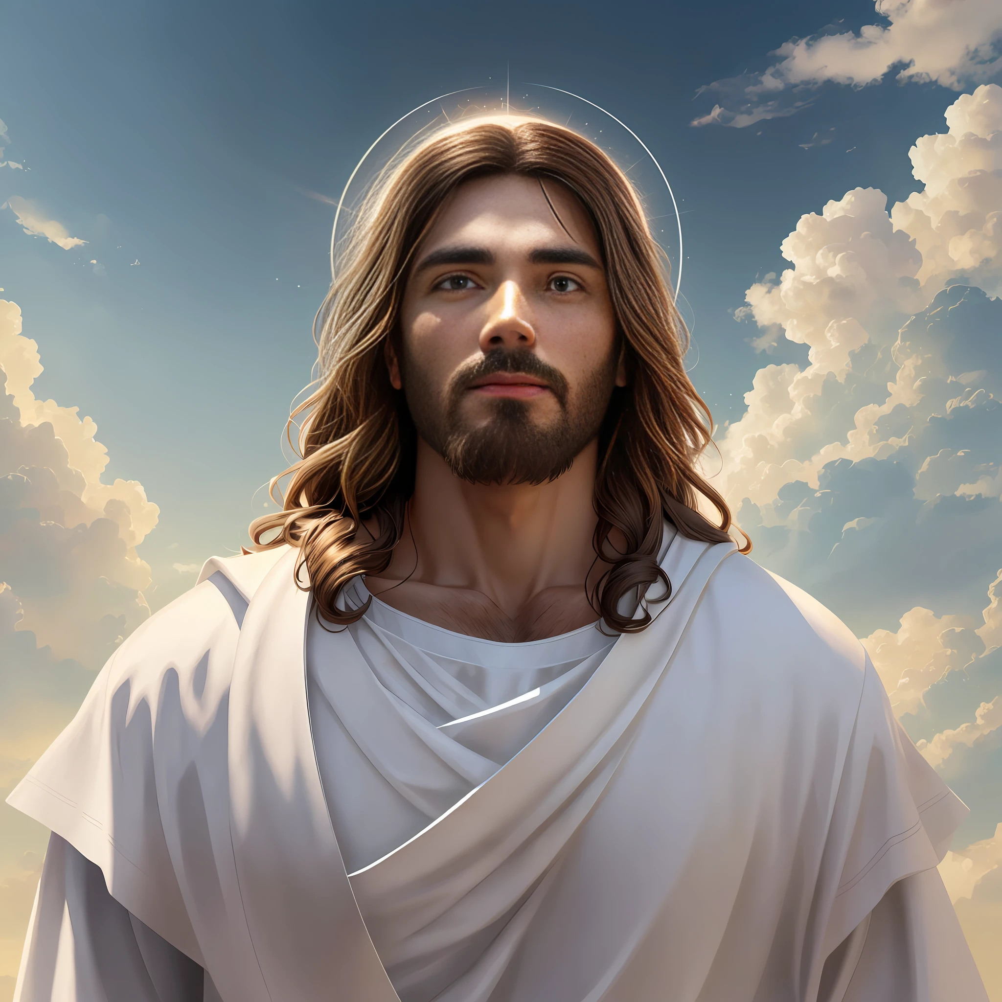 (((Jesus Christ))), male, in bright white clothes, realistic style, realistic, hyper-detailed, serene appearance, sky background, 8K, peaceful expression, kind and kind, realistic skin texture