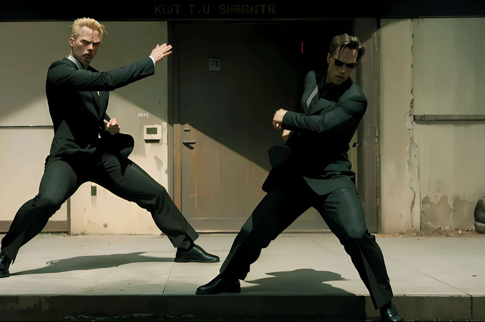 (((kung fu))) ,((best quality)), ((masterpiece)), (detailed), (((suit))) fan art of evil man, there are two people fist fighting, evil looking blond GUY PEARCE face, blond GUY PEARCE in a suit with square sunglasses close up, blond GUY PEARCE in a suit angry, blond GUY PEARCE in a suit with squared sunglasses, square sunglasses, the matrix (1999), square sunglasses, night, 80mm, ((western animation)), (neo the matrix (1999)), (short hair), ((combat)), (((kung fu)))