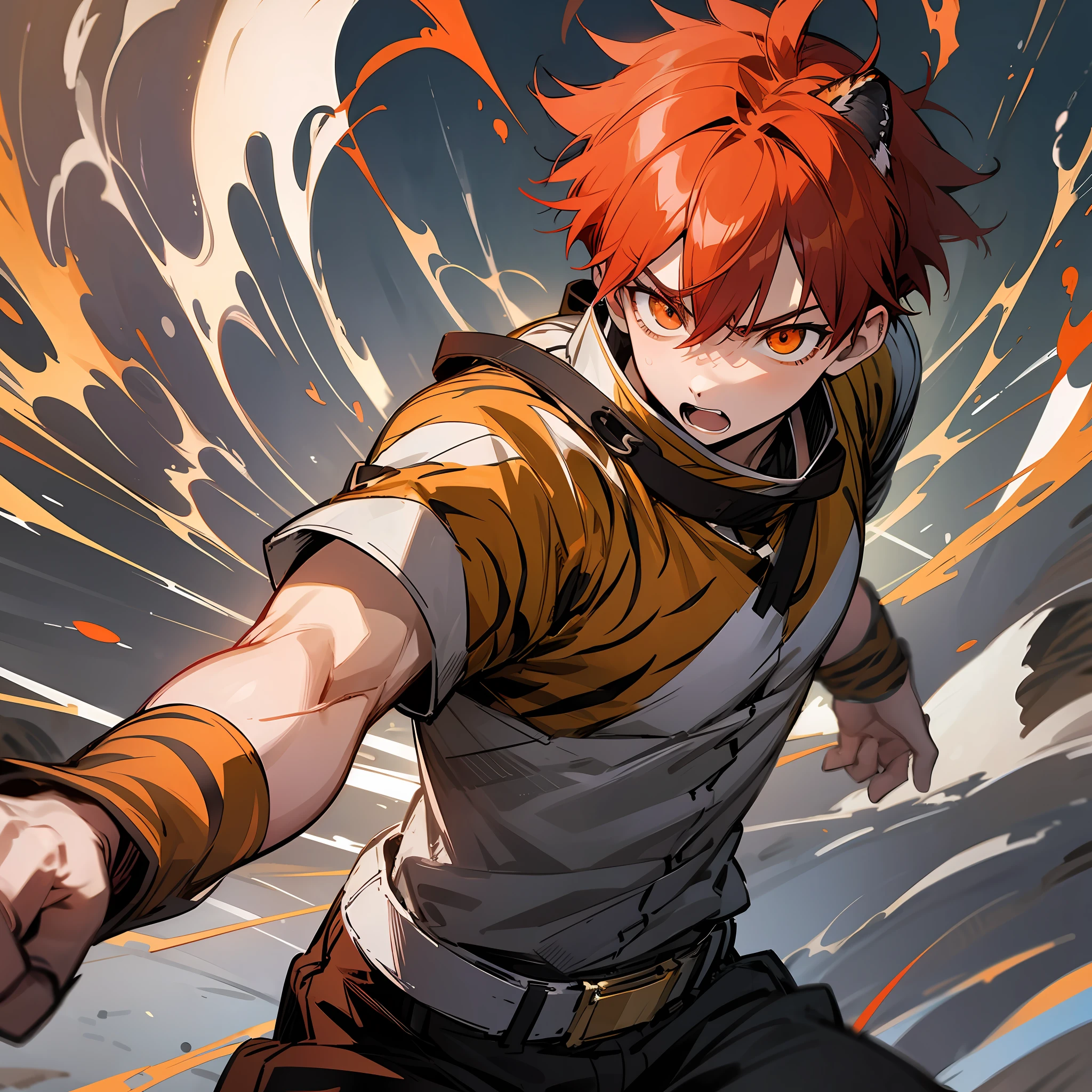 Anime: Boy with tiger eyes, red hair in fighting pose --auto --s2