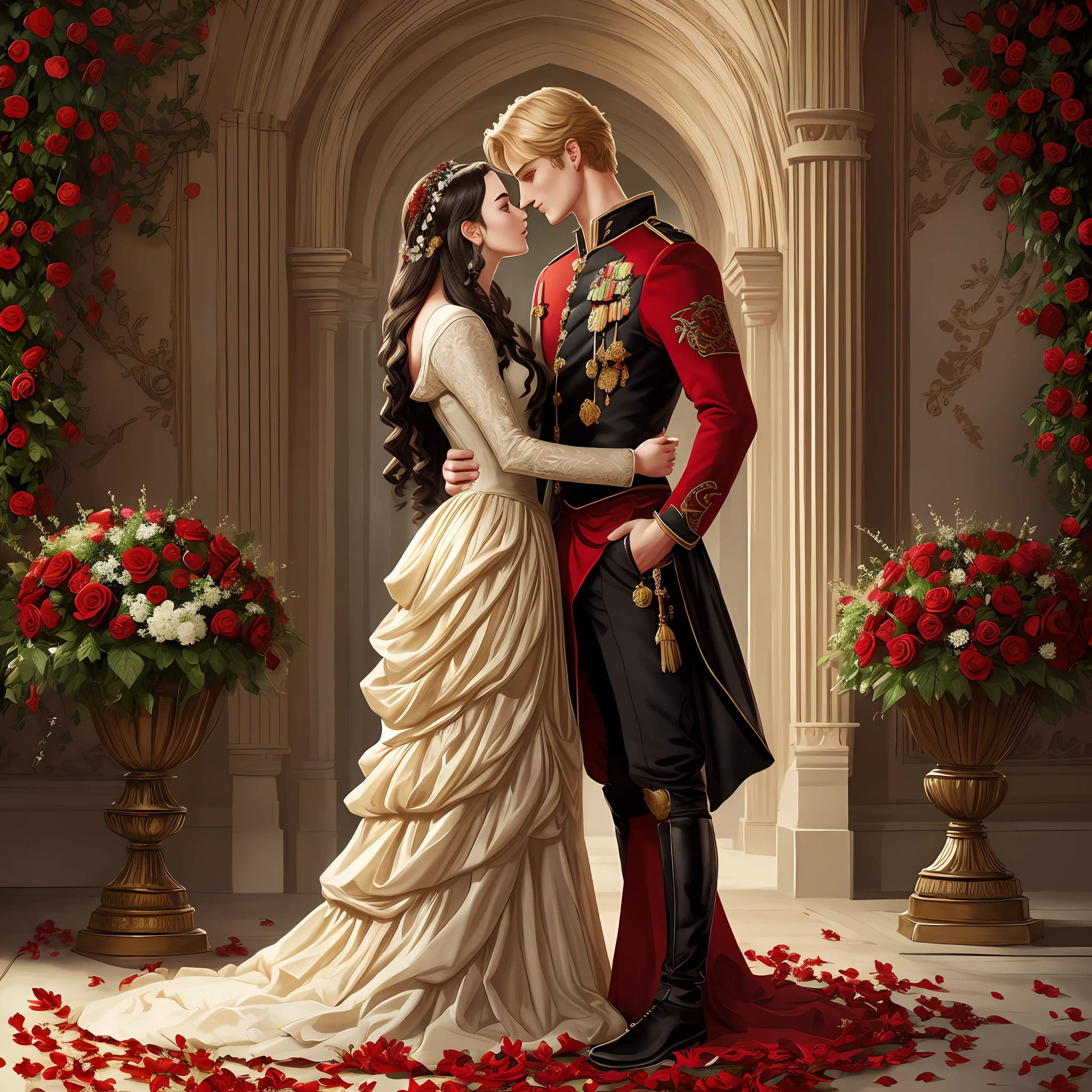 Couple a man and a woman Neels Visser is a prince who has golden blonde hair, wears a medieval military outfit and is in love with the commoner Lily Collins, who has curly dark black hair and wears a red dress, they kiss very affectionately, illustration of a romance book cover with a detailed background, smooth, bright full of ivy-covered flowers and red roses, ornate dress standing on a bed of roses, rim light, dynamic lighting, ethereal lighting, ultra detail, conceptual art, elegant, surreal, art by Citemer Liu