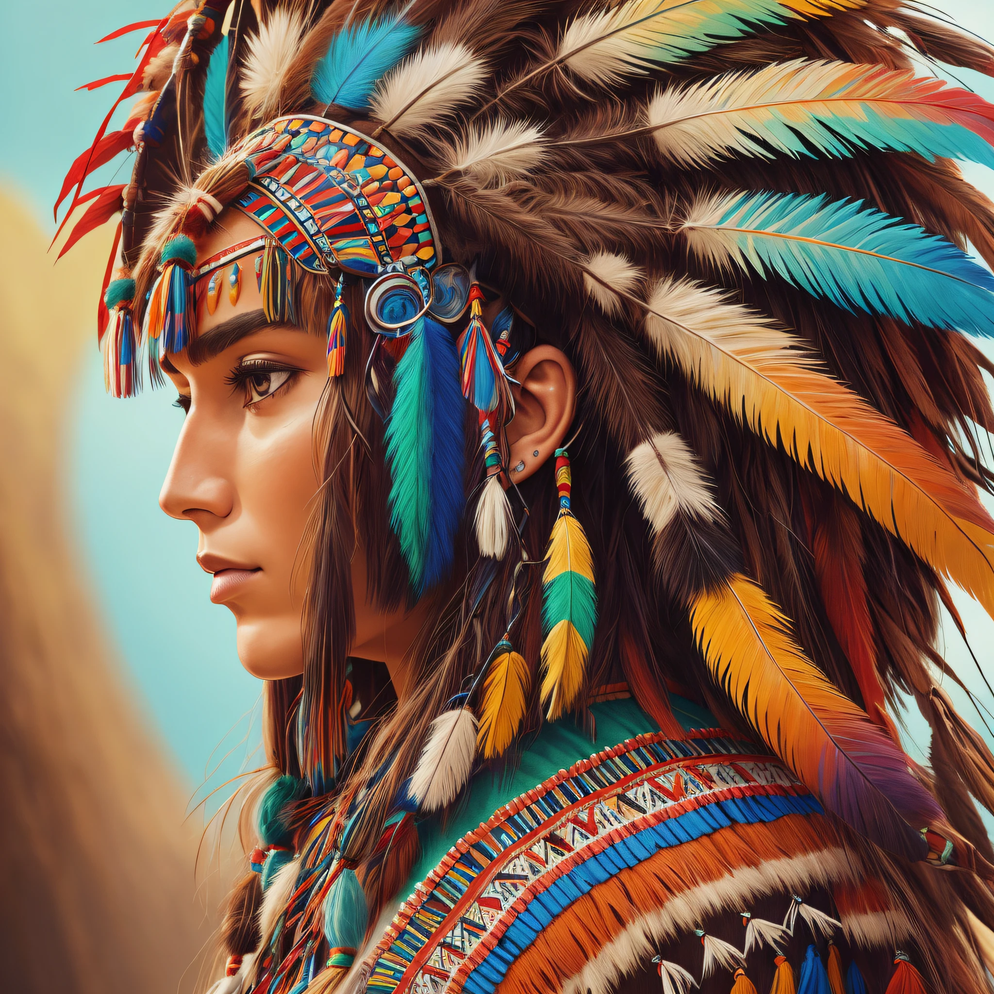 CLOSE-UP COLORFUL CHEROKEE HEADDRESS WITHOUT INDIO HYPER REALISTIC EMPTY BACKGROUND --auto --s2