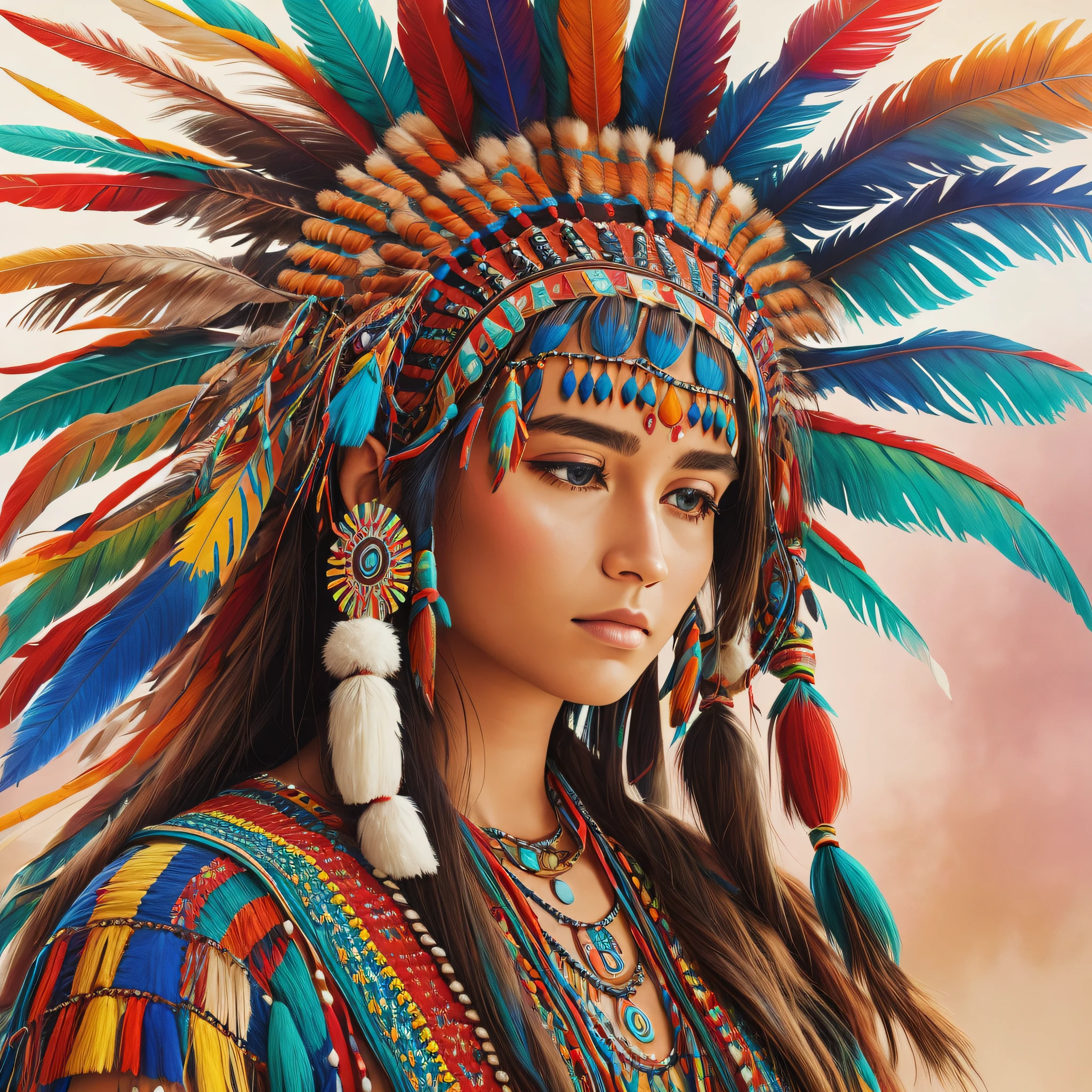 CLOSE-UP COLORFUL CHEROKEE HEADDRESS WITHOUT INDIO HYPER REALISTIC EMPTY BACKGROUND --auto --s2