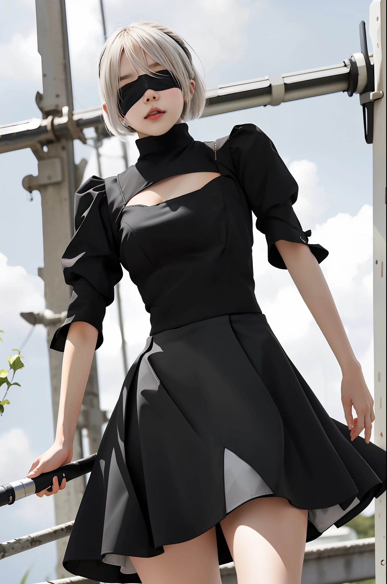 Masterpiece, Best Quality, 1 Girl, Solo, Yoha 2 Type B, Black Blindfold, Blindfold, Skirt, Black Skirt, Sai Hai