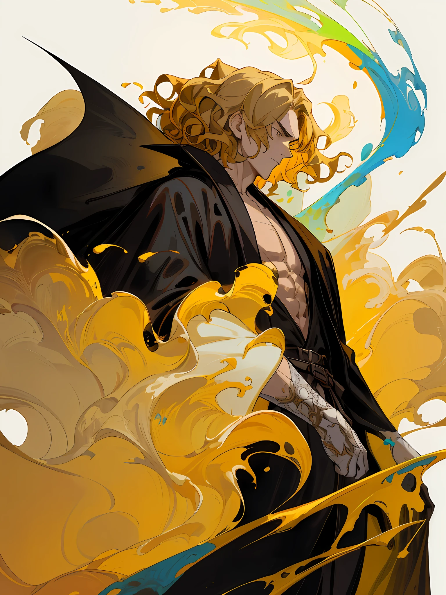 An image of young knight+ clean design, epic instagram, artstation, colorful paint splatter, silhouette, hyper detailed intricate details, unreal engine, fantasy, intricate details, splash screen, complementary colors, Fantasy concept art, 8k resolution, deviantart masterpiece, oil painting, heavy strokes, paint dripping, (isolated on white background: 1.3), rainbow skin, (((handsome young man))), ((teenage:1.5) ), (black eyes), ((wounded left eye)), ((((short wavy blonde hair: 1.1))), ((black robe)), (\\dynamic expression\\),, ( ((Wears high detail luxurious regal attire))), white hair, (chest) --v 6