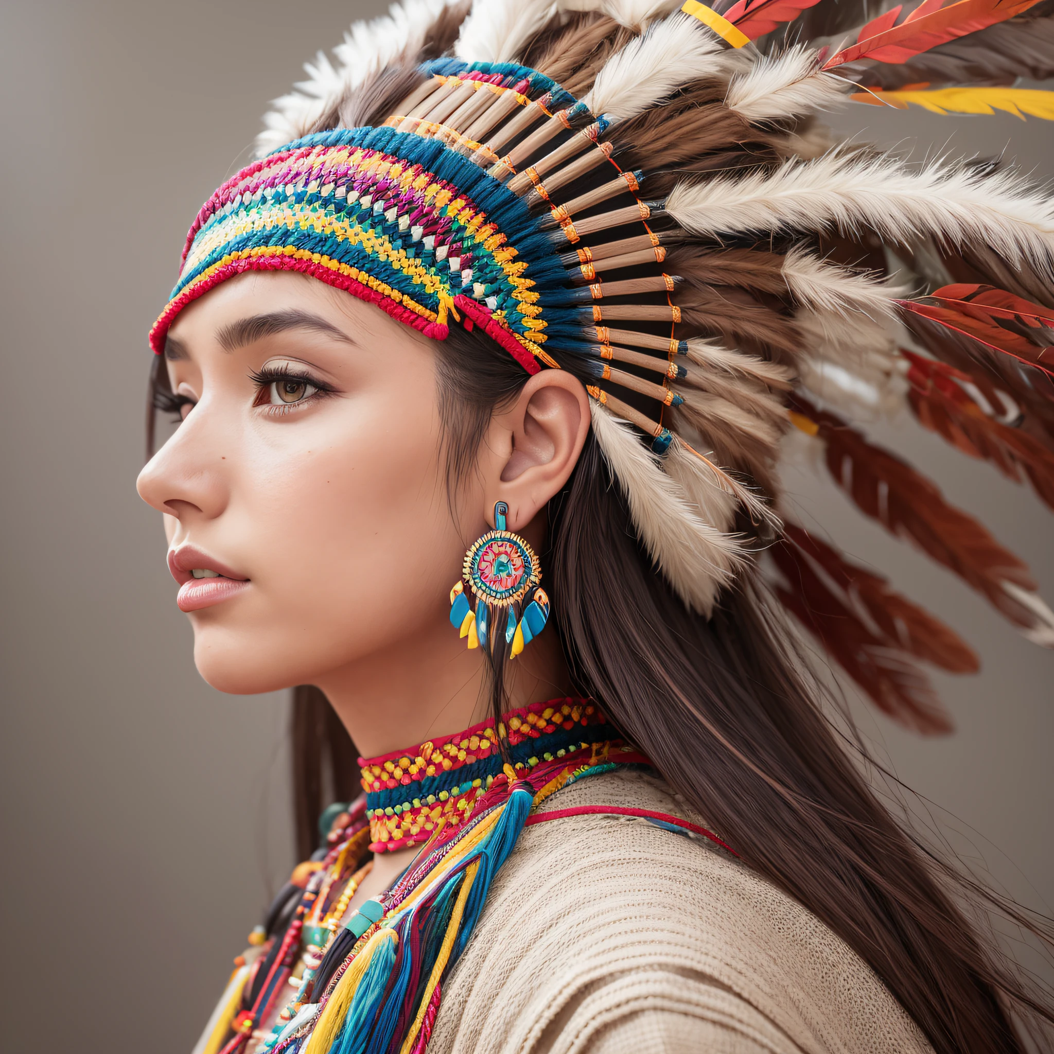 CLOSE-UP HEADDRESS CHEROKEE COLORFUL BACKGROUND EMPTY HYPER REALISTIC --auto --s2