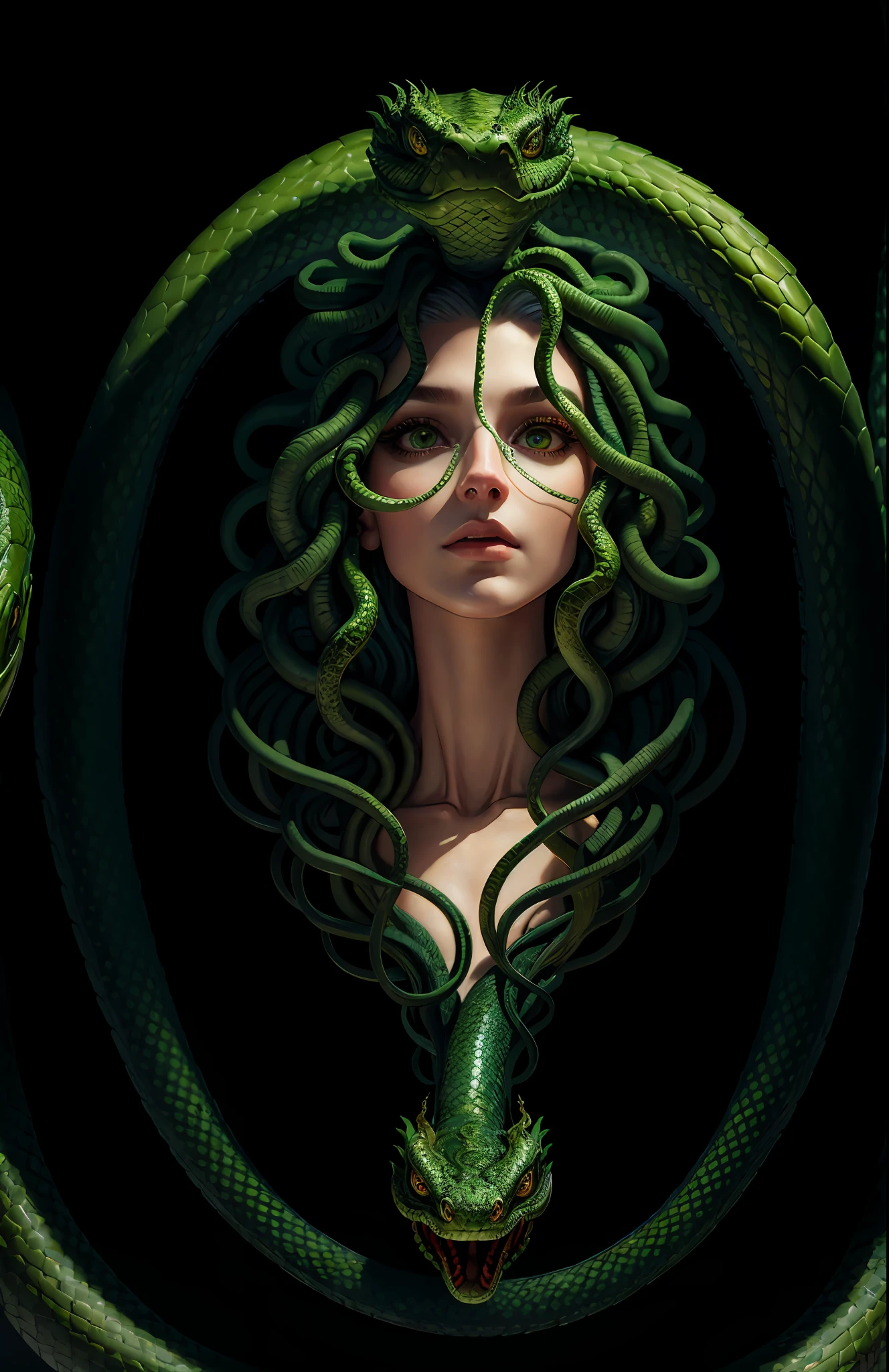 ((best quality)), ((masterpiece)), ((realistic)), Medusa, the body of the snake monster, the human face and upper body, the hair is composed of countless small snakes, green eyes, female face, metal carving tops, regal, trending on artstation, sharp focus, studio photo, intricate details, very detailed, detailed eyes, illustration, very detailed, sharp focus, digital rendering, professional, 4k