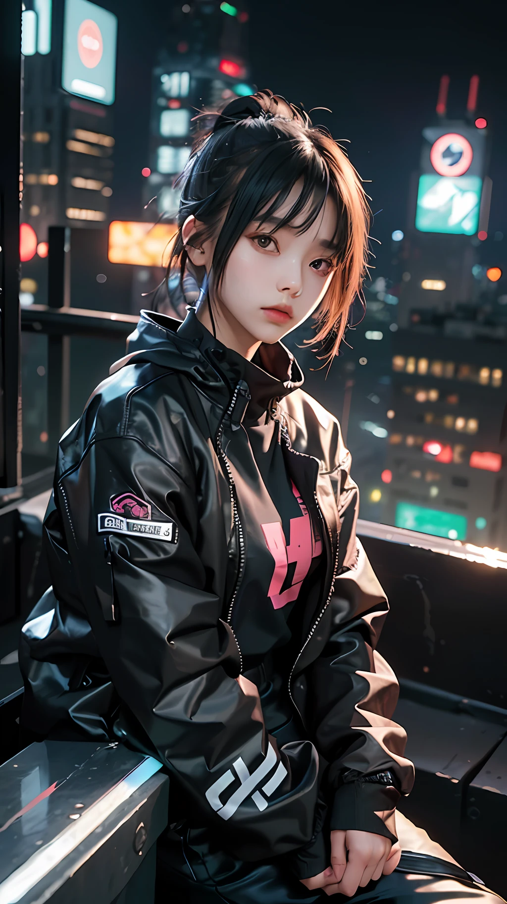 (masterpiece), best quality, ultra high res, beautiful clean face, 1girl, ager, wearing techwear jacket and black trousers with buckle and tape, sitting on a rooftop, cyberpunk hairstyle, night city cyberpunk style , neon lights, ulzzang-6500-v1.1