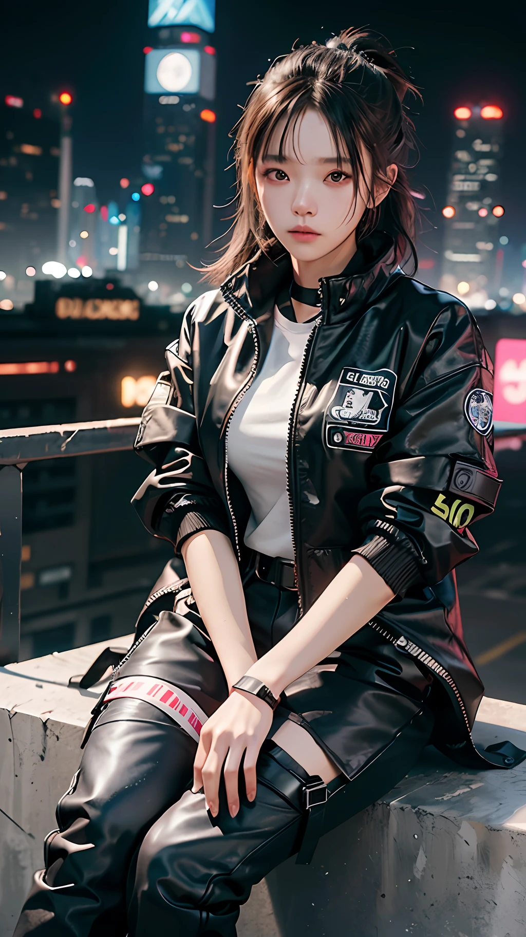 (masterpiece), best quality, ultra high res, beautiful clean face, 1girl, teenager, wearing techwear jacket and black trousers with buckle and tape, sitting on a rooftop, cyberpunk hairstyle, night city cyberpunk style , neon lights,  ulzzang-6500-v1.1