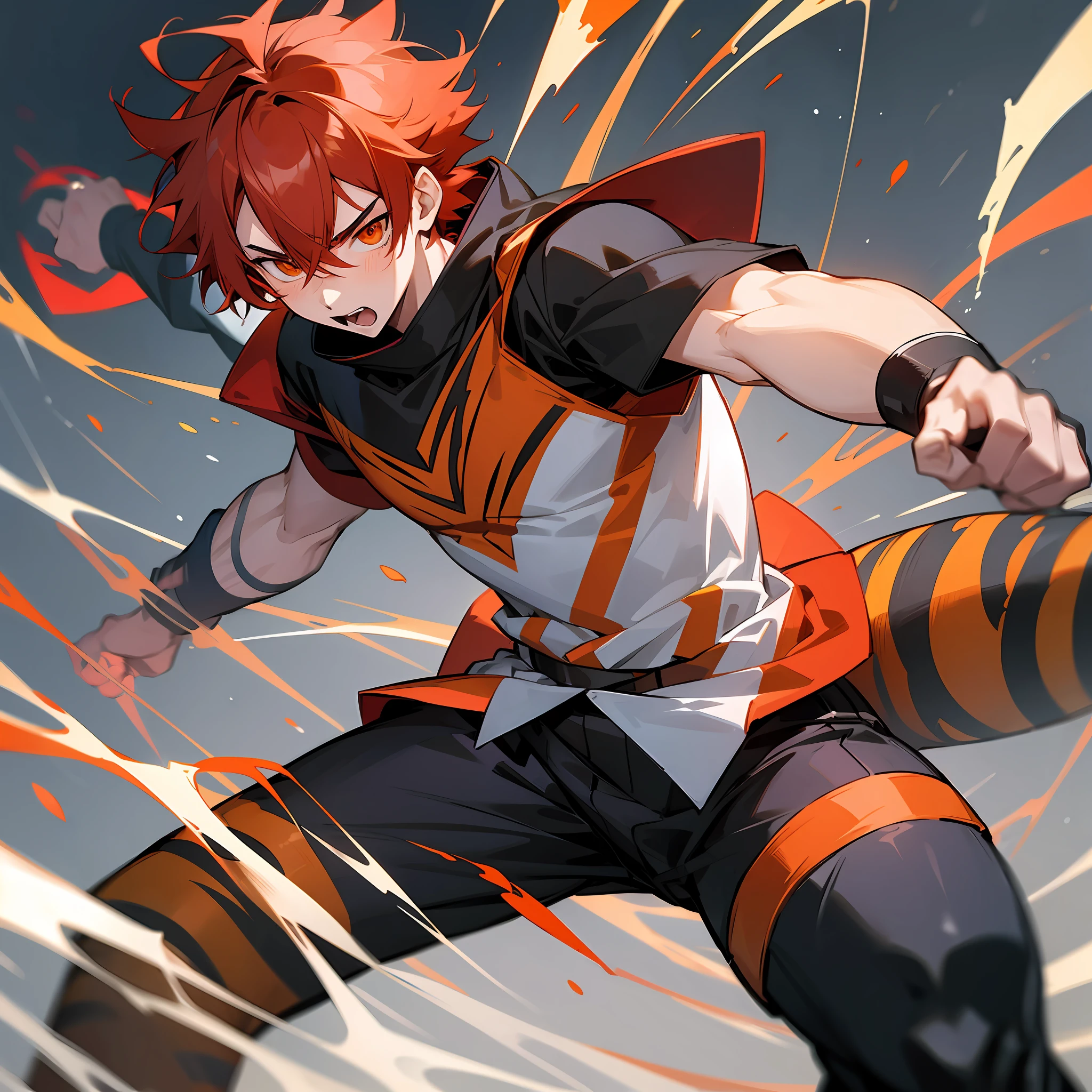 Anime: Boy with tiger eyes, red hair in fighting pose --auto --s2