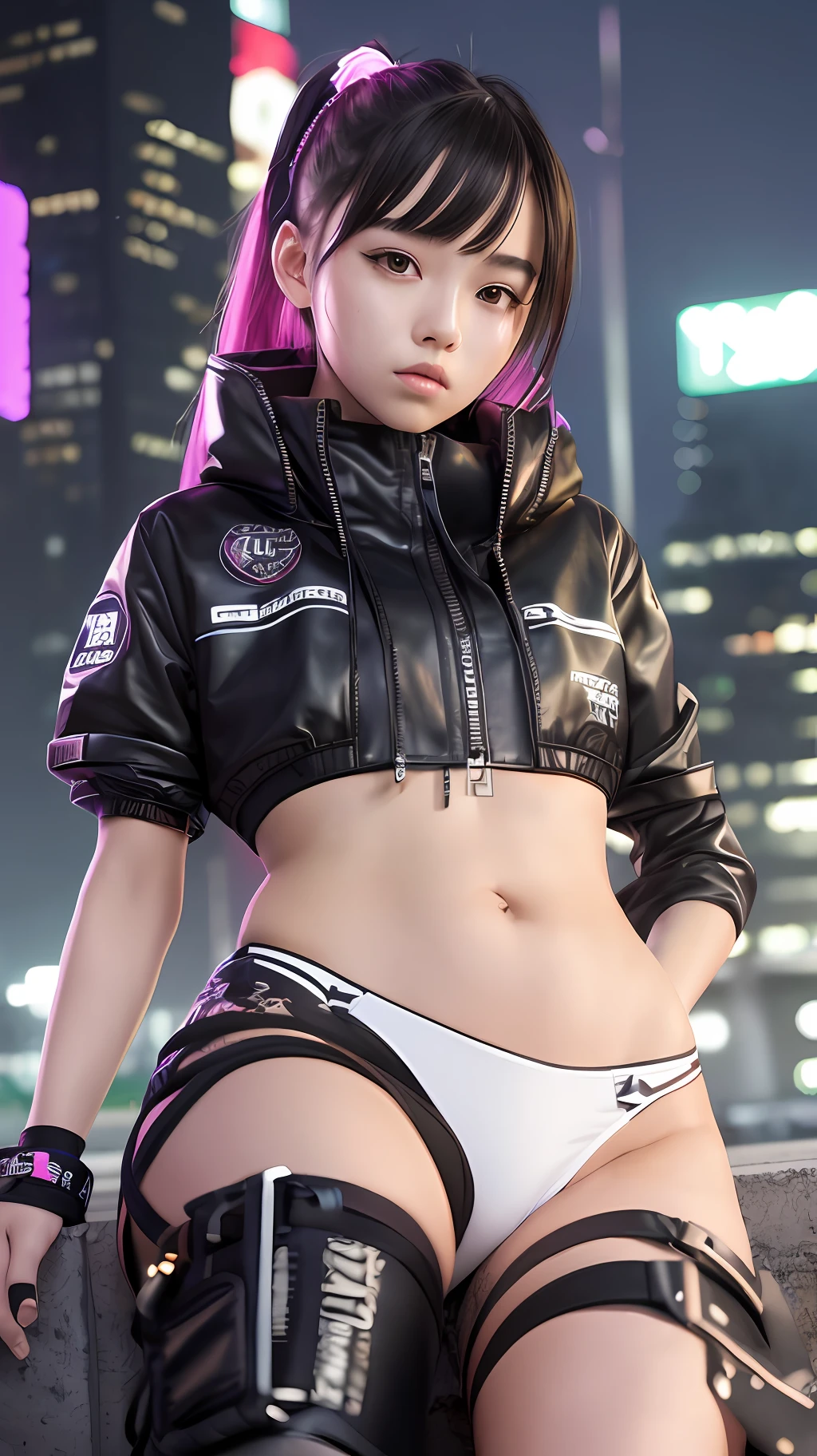 (masterpiece), best quality, ultra high res, beautiful clean face, 1girl, ager, wearing techwear jacket and black trousers with buckle and tape, sitting on a rooftop, cyberpunk hairstyle, night city cyberpunk style , neon lights, ulzzang-6500-v1.1