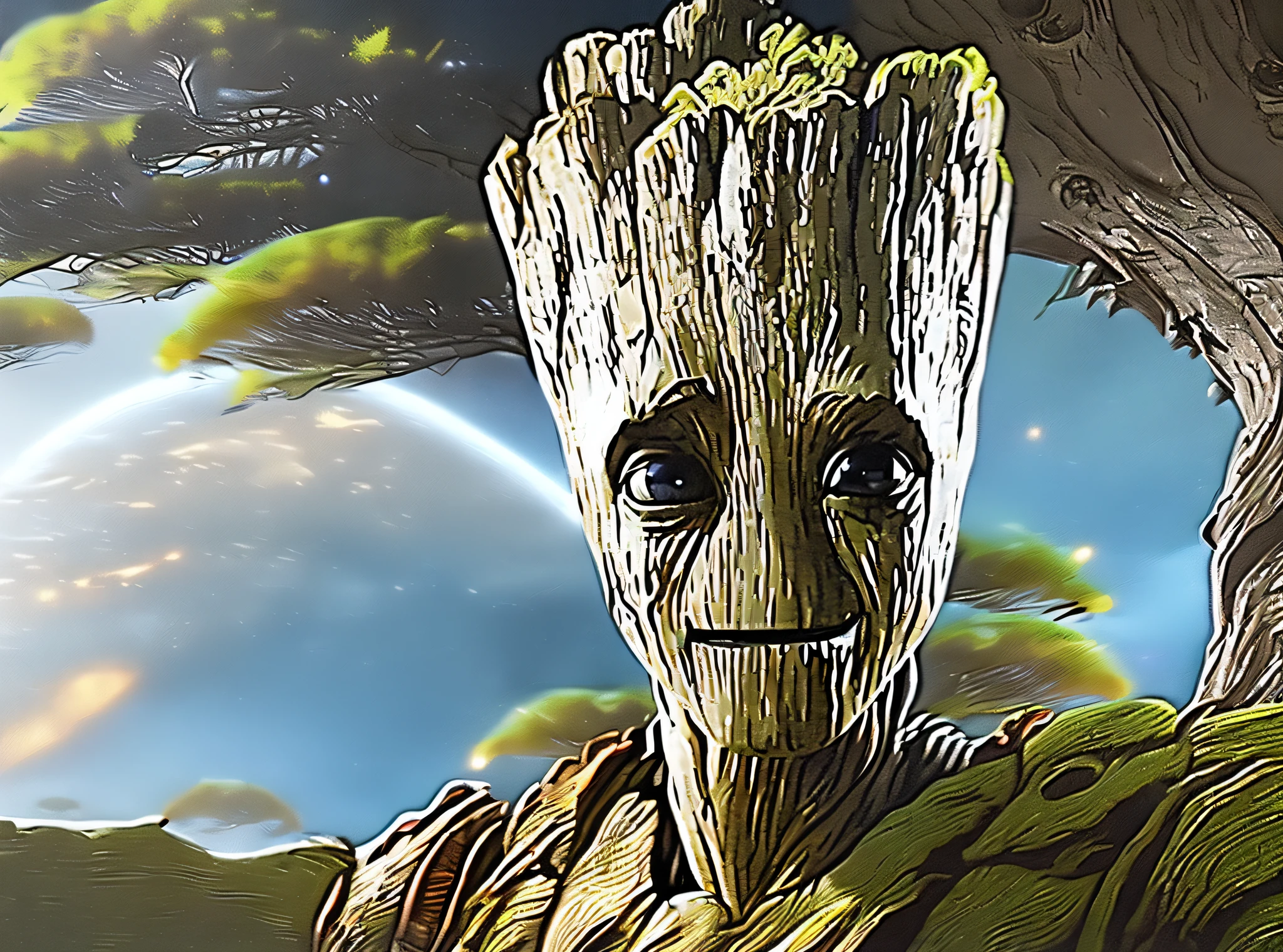 Masterpiece, (((Groot's Close-up)), Galaxy Background, 16K, High Quality, ((Guardians of the Galaxy Style)), Tree Beard, Oak Tree, Tree Smiling, Ultra Realistic. Treant, textless, black eyes, moss growing in places, ((tree body)), (black cornea and pupil on yellow conjunctiva), photo of Groot, clear to the smallest detail,