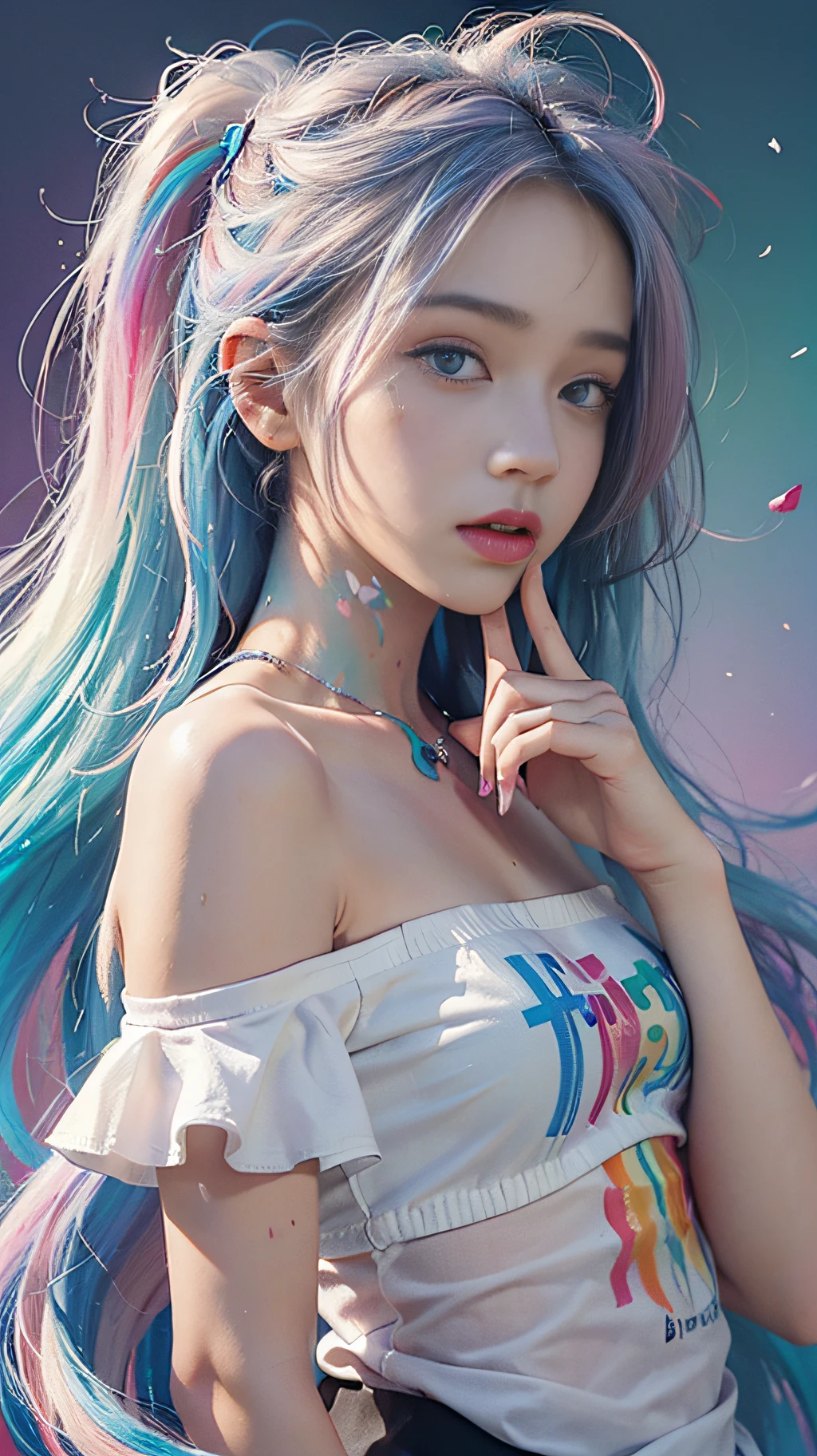 (Pink fashion T-shirt: 1.9), (Colorful hair: 1.8), (Rainbow all colors: 1.8), (((Vertical painting: 1.6))), (Painting: 1.6), Front, manga, illustration, painting, big eyes, crystal clear, (rainbow gradient high ponytail: 1.7), delicate makeup, shut up, (small freshness: 1.5), (bandeau: 1.6), long eyelashes, white off-the-shoulder T- shirt, White Shoulder Shirt, looking at the audience, Big watery eyes, (rainbow hair: 1.6), color splash, (solo:1.8), color splash, color explosion, colour splash, color explosion, thick lacquer style, messy lines, ((shining)), (colorful), (colorful), (colorful), colorful, Thick Paint Style, (Splash) (Color Splash), Vertical Painting, Upper Body, Paint Splash, Acrylic Pigment, Gradient, Paint, Highest Image Quality, Masterpiece, Solo, Depth of Field, Face Paint, colorful clothes, (elegance: 1.2), gorgeous, long hair, wind, (elegance: 1.3), (petals: 1.4), ((masterpiece))), ((best quality))), (ultra-detailed), (illustration), (dynamic angle), (floating), (paint), ((loose hair)), (solo), (1girl), ( ( ( detailed anima face))), (( Beautiful detailed face)), collar, bare shoulders, white hair, ((colored hair)), ((striped hair)), beautiful detailed eyes, (gradient eyes), (colored eyes))), (colored background))), ((high saturation))), ((surrounded by colored splashes))
