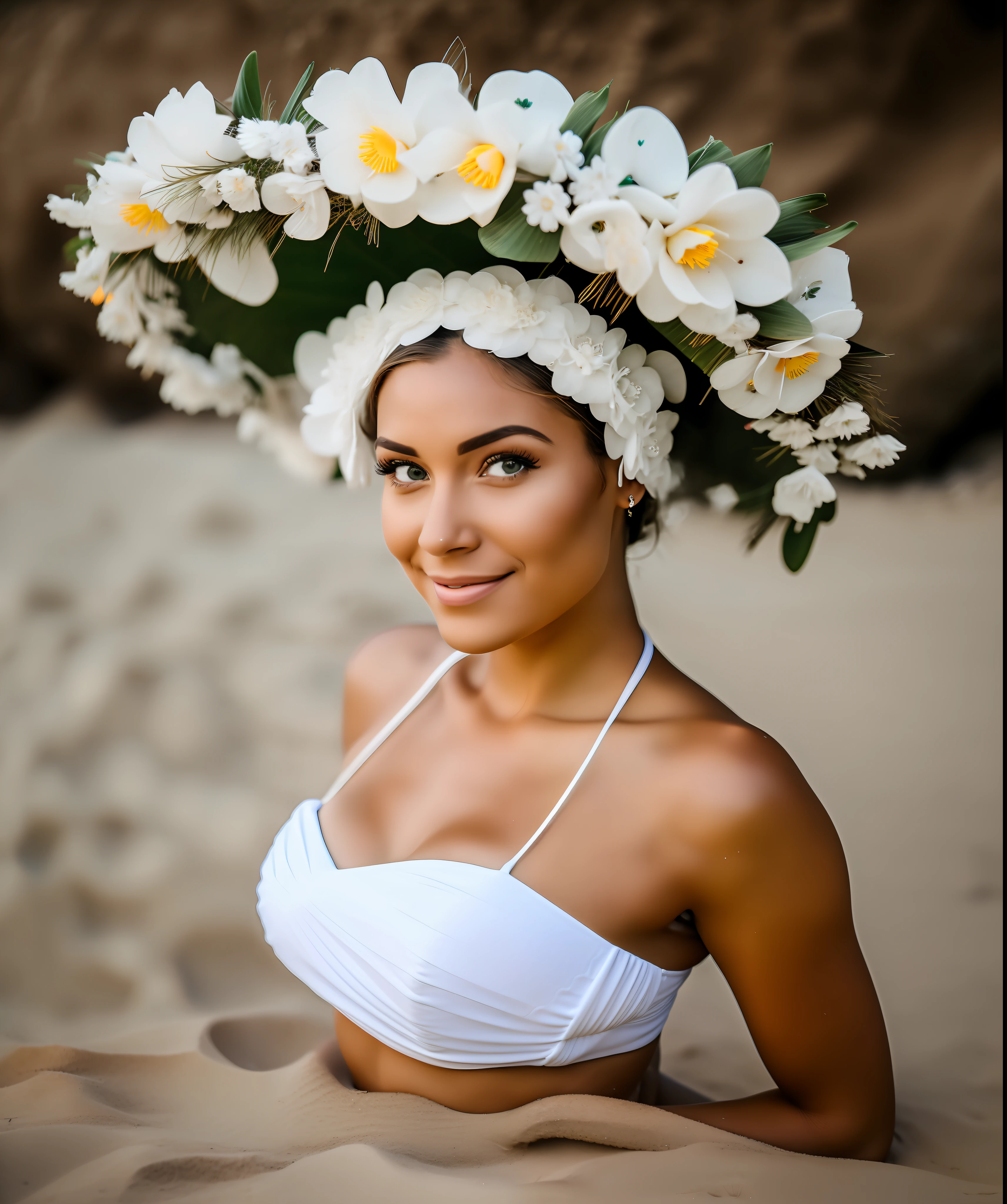 there is a woman in a white bikini posing on the beach, posing on a beach with the ocean, wearing a white bikini, wearing a floral crown, wearing a flower headpiece, white flower crown, lotus floral crown girl, beautiful jewish woman, posing on the beach, a beautiful woman in white, photo of a beautiful woman, gorgeous woman