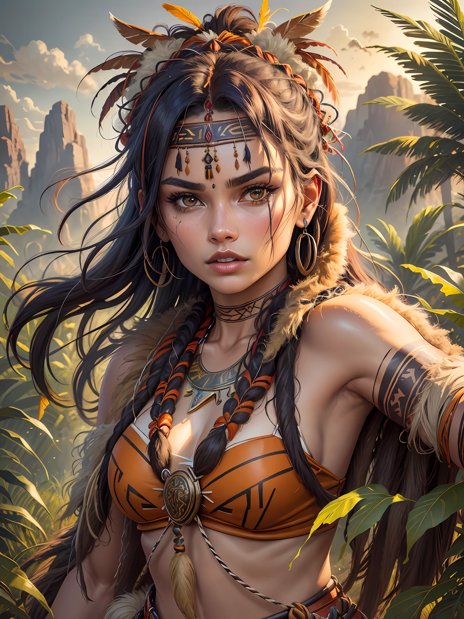 (masterpiece, best quality, high quality, highres, ultra-detail), solo, upper body, looking at viewer, detailed background, detailed face, (tribal polynesian theme:1. 1) feral jungle warrior, 1woman, Margot Robbie, orange tribal clothing, feathers, blood, protective stance, stone knife, bushes, rocks, leaves, vines, mysterious, village in the background, wildlife in the background, sunlight, cinematic atmosphere, cinematic.