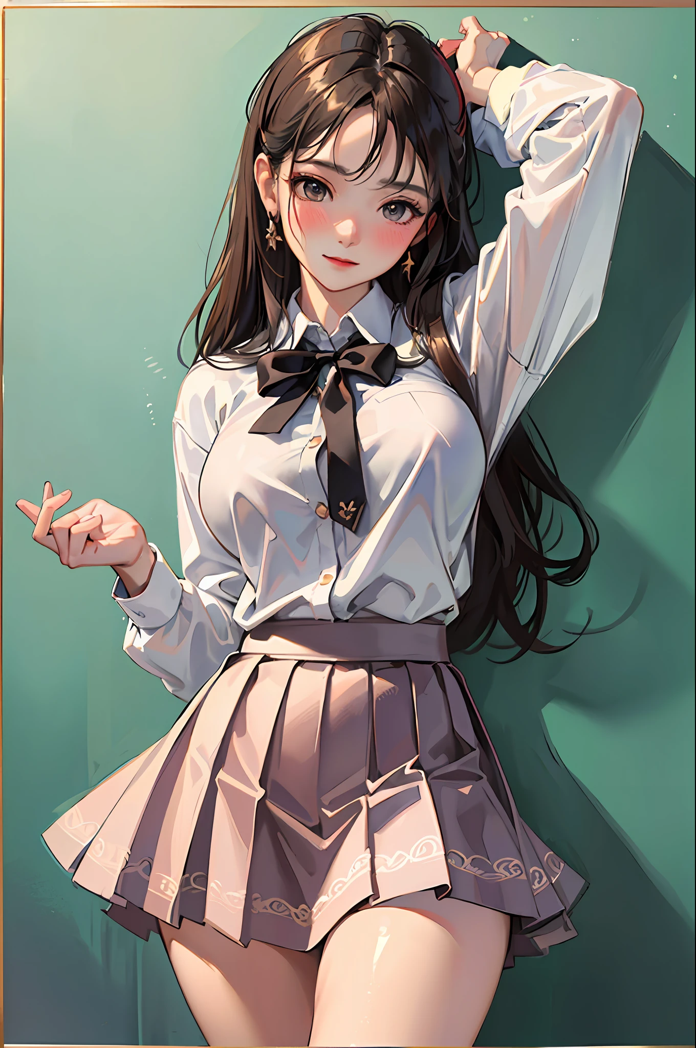 (masterpiece:1.2, best quality), (real picture, intricate details), (skirt lift:1.4), panties aside, clothes grab, solo, 1lady, (full-face blush), happy, cowboy shot, school, school uniform, accentuate white panties, big tits,