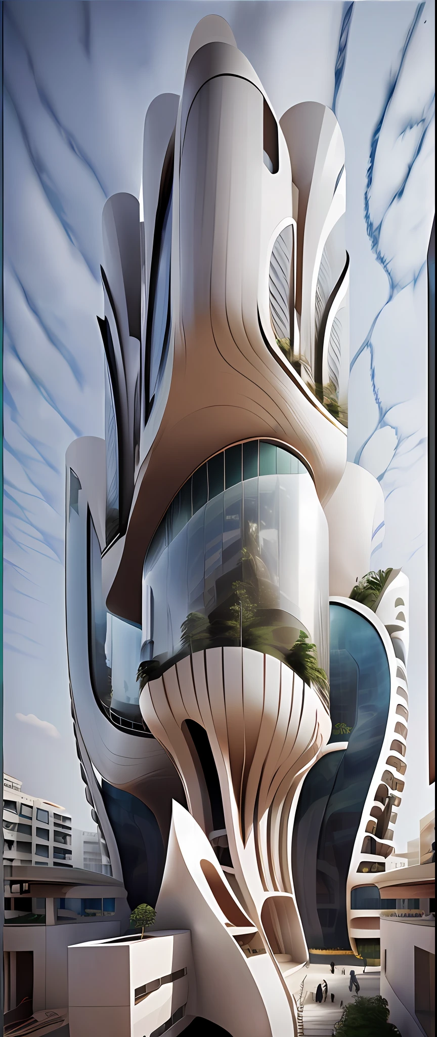 A tall building in a futuristic city designed by Zaha Hadid, a futuristic building, a modern building, sidewalks around the building, imagination, a fusion between the future and the past, hanging gardens, the hanging gardens of Babylon, sustainability, future technology, Very tall building, architectural creativity, new culture, self-sufficiency, the golden ratio, a beautiful building in the middle of the image, a blurry background, one building, spread, natural colors, calm colors, masterpiece, art, better resolution