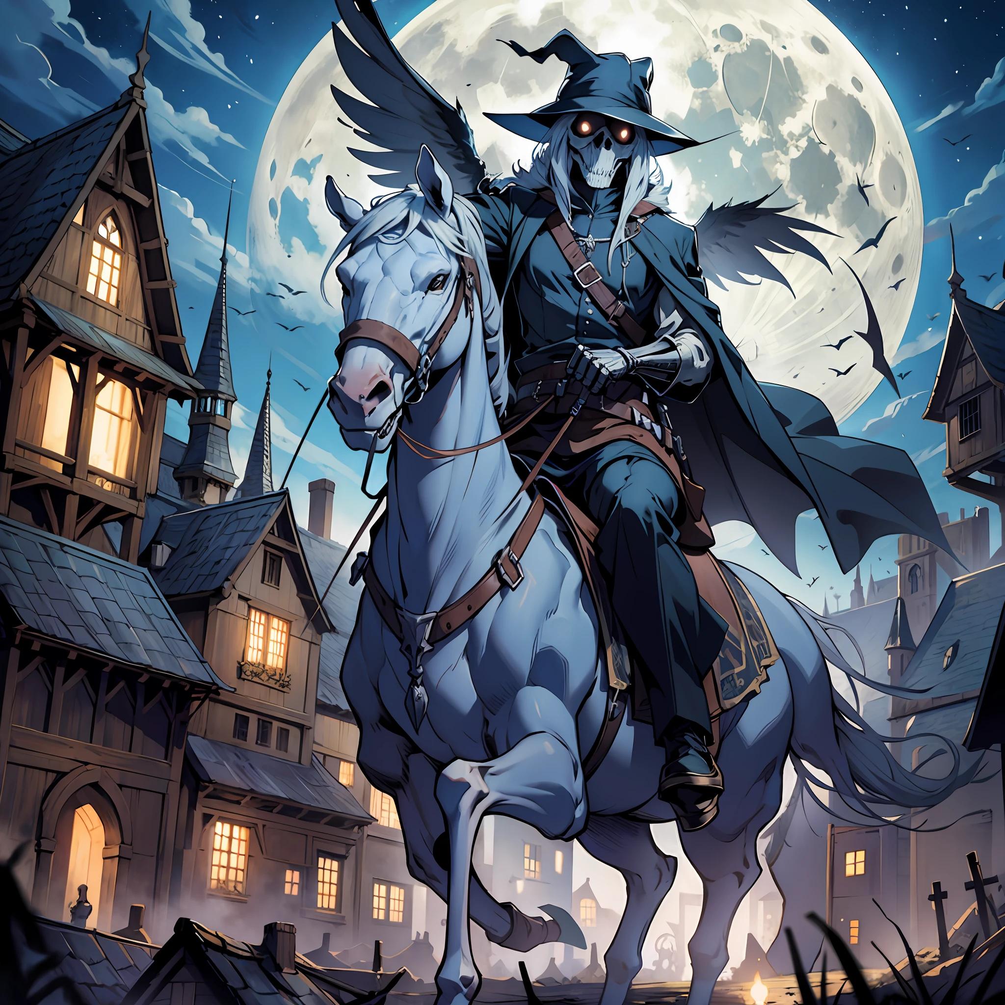 Plague Doctor riding a skeleton horse in a haunted village, night blue sky, full moon, realistic, Full HD, best quality