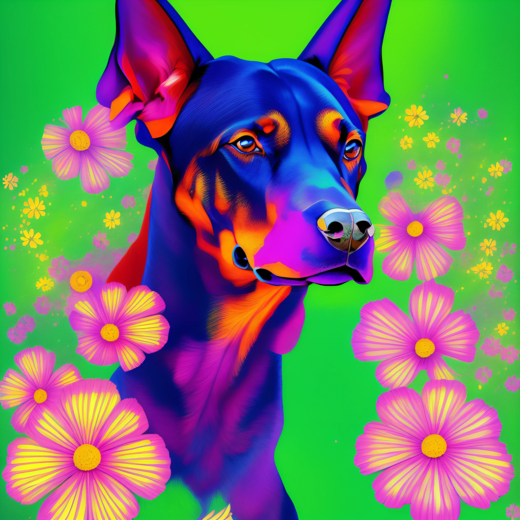 ((dobermann)), dog, abstract, painting, painted by famous artist, highly detailed, best quality, highest quality, colors, colorful, flowers, digital, digital art --auto --s2