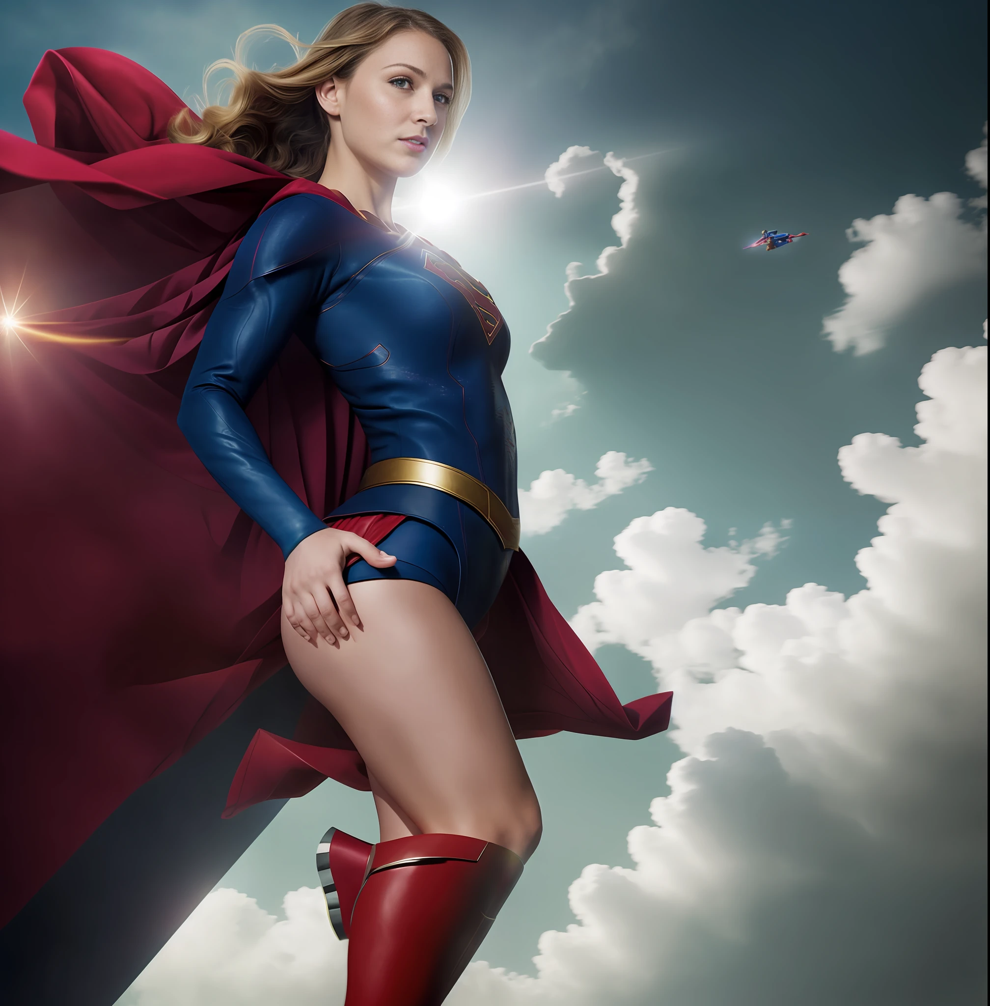 Supergirl flying through the air with a red cape, Sasha Collen as Supergirl, Superman pose, Supergirl, no text, Sasha Collen as Supergirl, key art, Supergirl anime look, Superman, Female ascending into the sky, promotional rendering, official concept art, female ascension, Dinah Drake, Krypton, movie poster character, official art, fan art