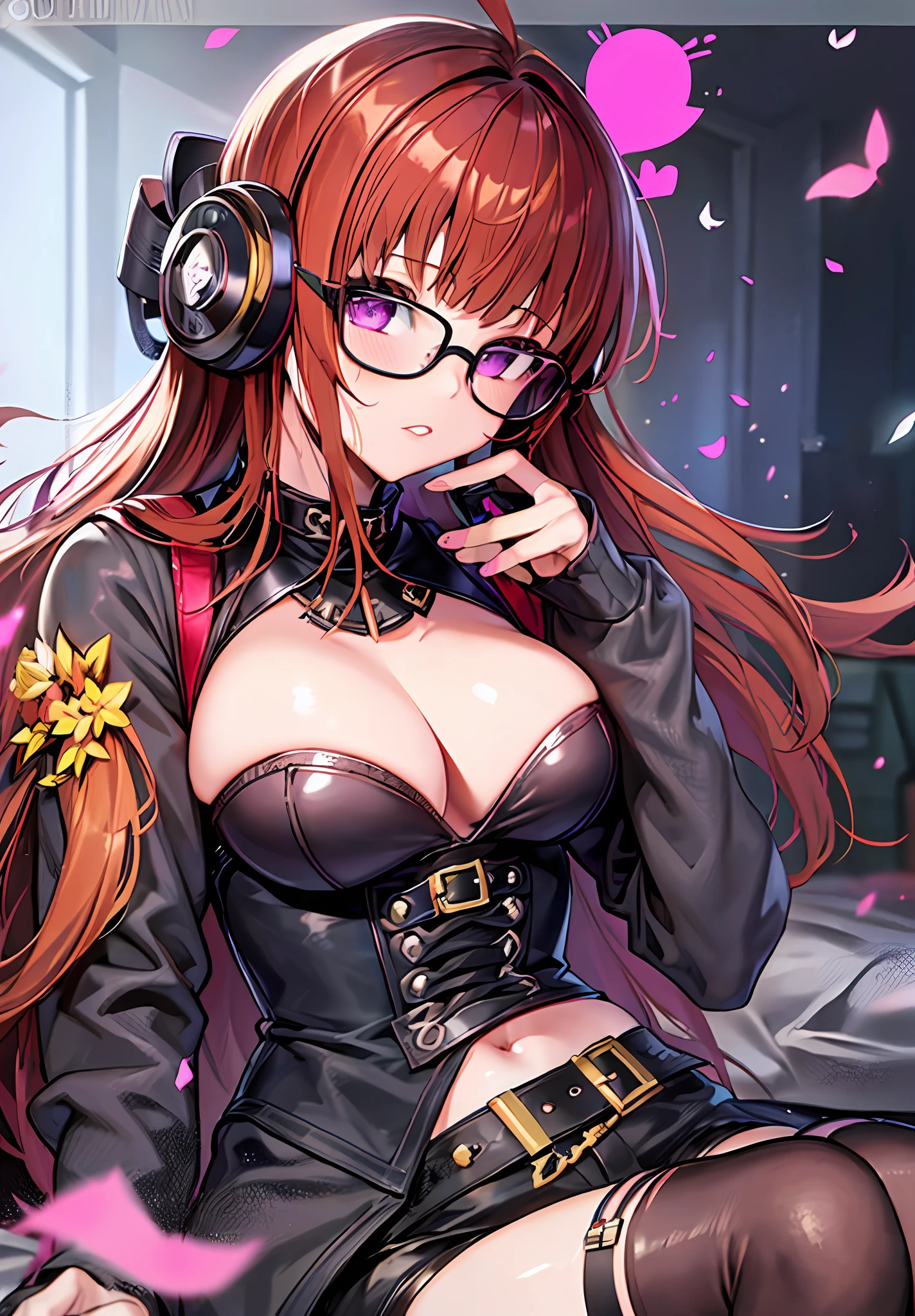 masterpiece, best quality, 1girl, solo, futaba sakura, long hair, orange hair, purple eyes, pink lips, huge lips, emo makeup, transparent long sleeve top, long sleeve top black, red corset, no bra, no top, gothic skirt, big breast, madure body, dusk, gothic boots, shiny skin, mobile wallpaper, bedroom, house, pretty darkness, gothic bed, dark ambient, gothic teddy