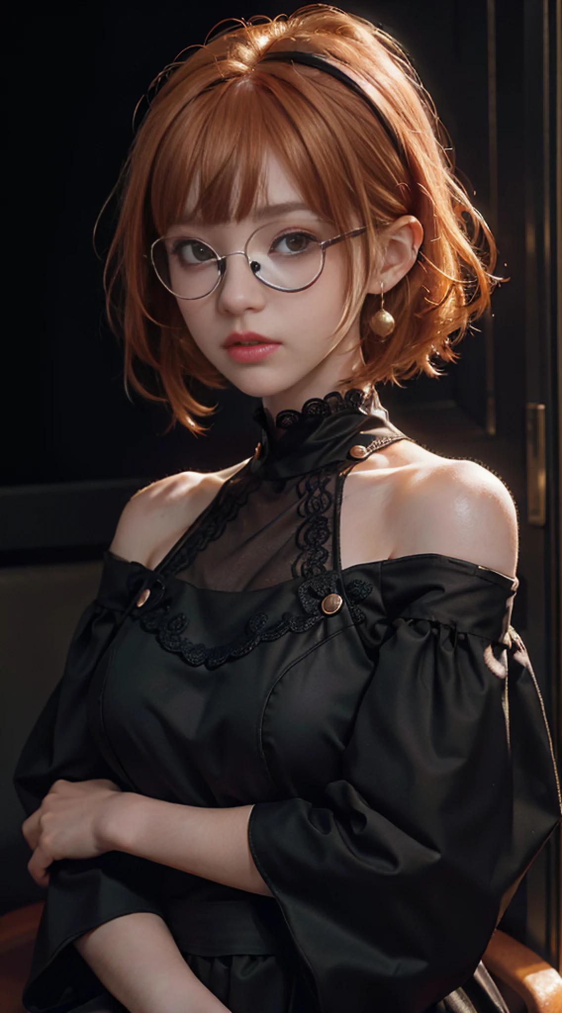 Best quality, masterpiece, portrait, weird black dress, ultra high resolution, (photorealistic: 1.4), raw photo, 1girl, off shoulder, cinematic lighting, glasses, earrings in perfect ears, bangs, (orange hair: 2.6 ), (bob cut: 1.5)