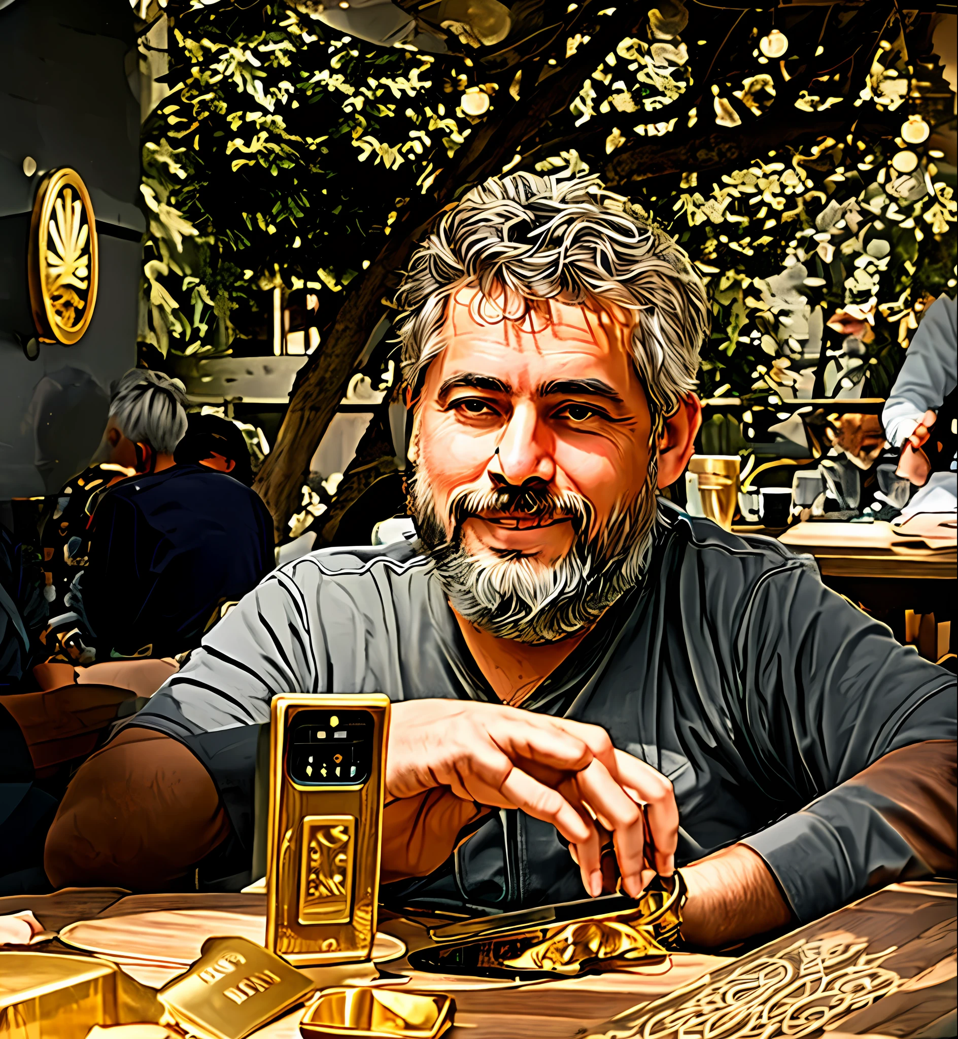 There is a man with gray hair and beard, sitting at the table with smartphone and gold watch