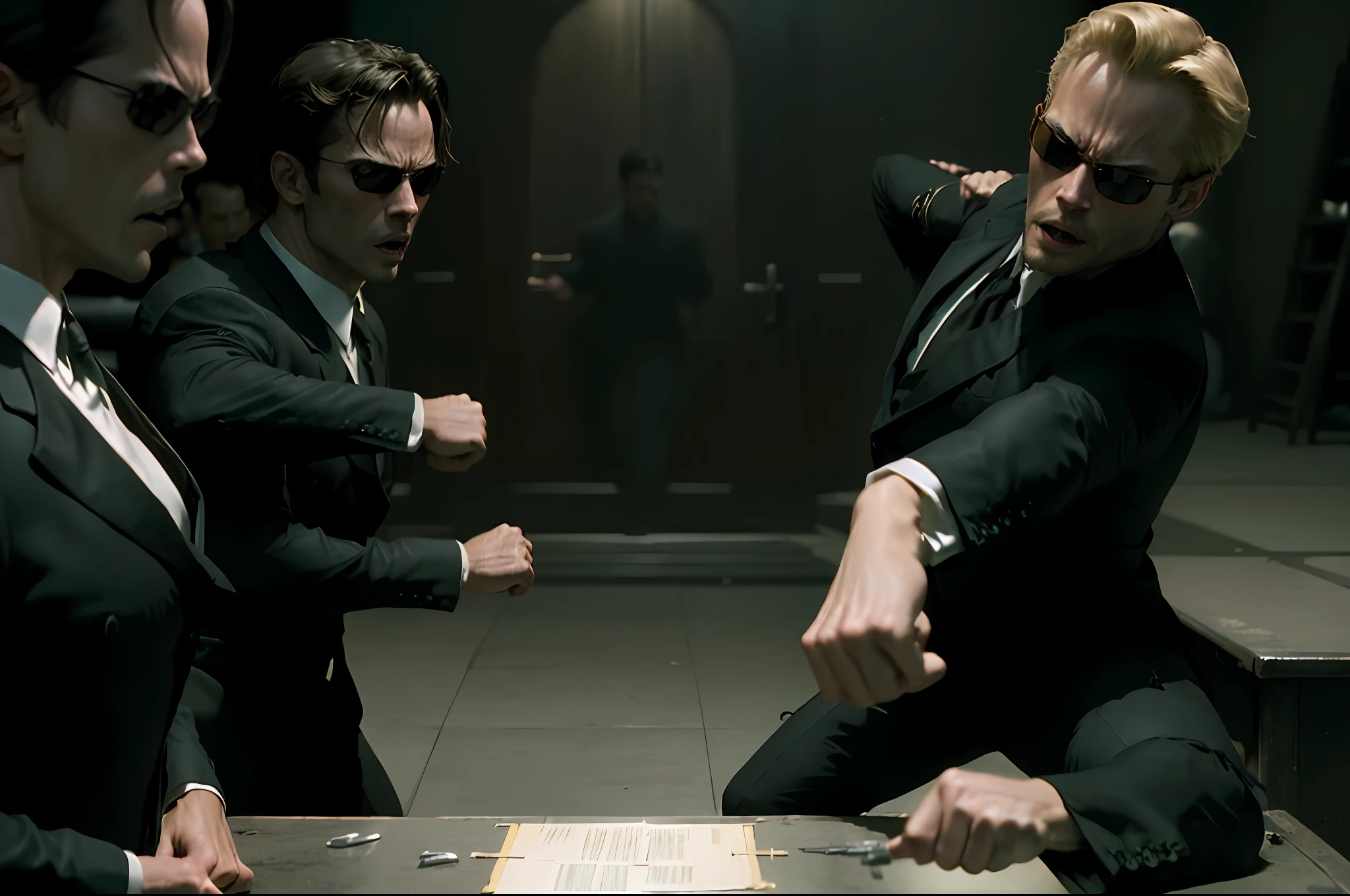 (((kung fu))) ,((best quality)), ((masterpiece)), (detailed), (((suit))) fan art of evil man, there are two people fist fighting, evil looking blond GUY PEARCE face, blond GUY PEARCE in a suit with square sunglasses close up, blond GUY PEARCE in a suit angry, blond GUY PEARCE in a suit with squared sunglasses, square sunglasses, the matrix (1999), square sunglasses, night, 80mm, ((western animation)), (neo the matrix (1999)), (short hair), ((combat)), (((kung fu)))