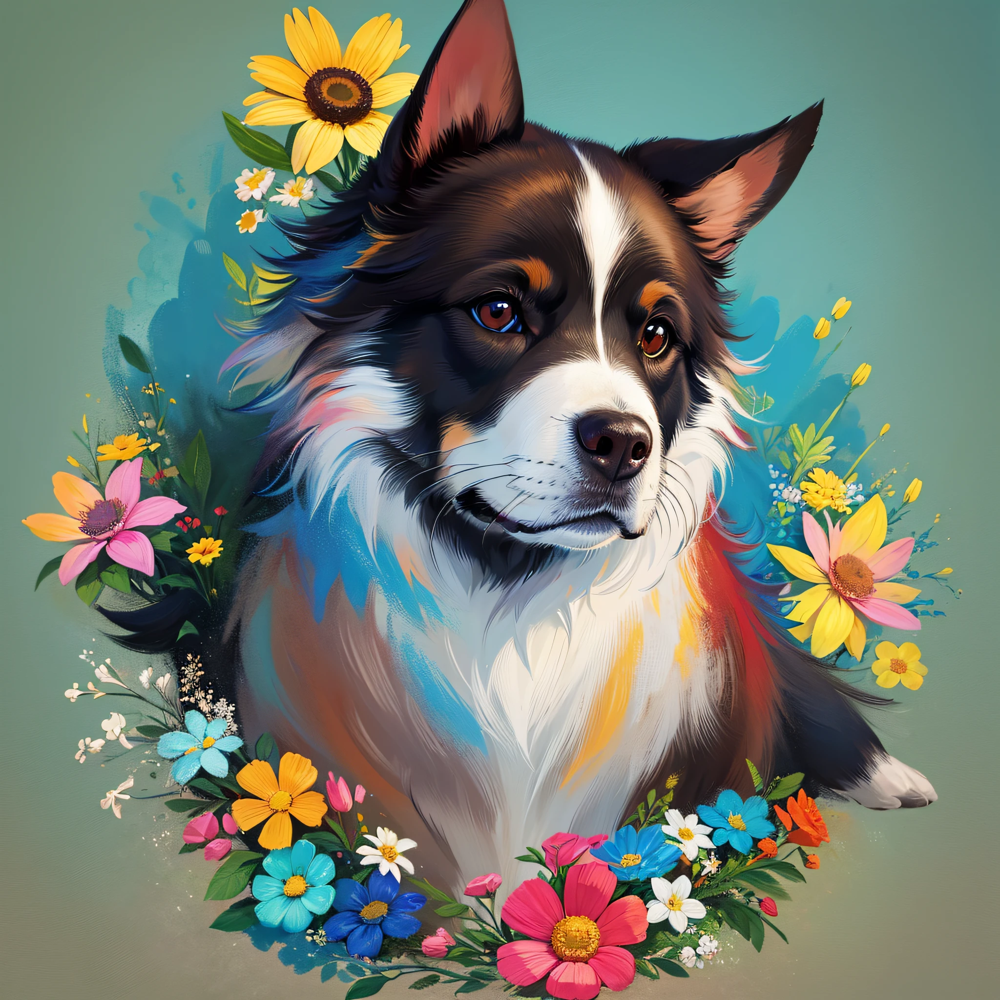 dog, abstract, painting, painted by famous artist, highly detailed, best quality, highest quality, colors, colorful, flowers, digital, digital art --auto --s2